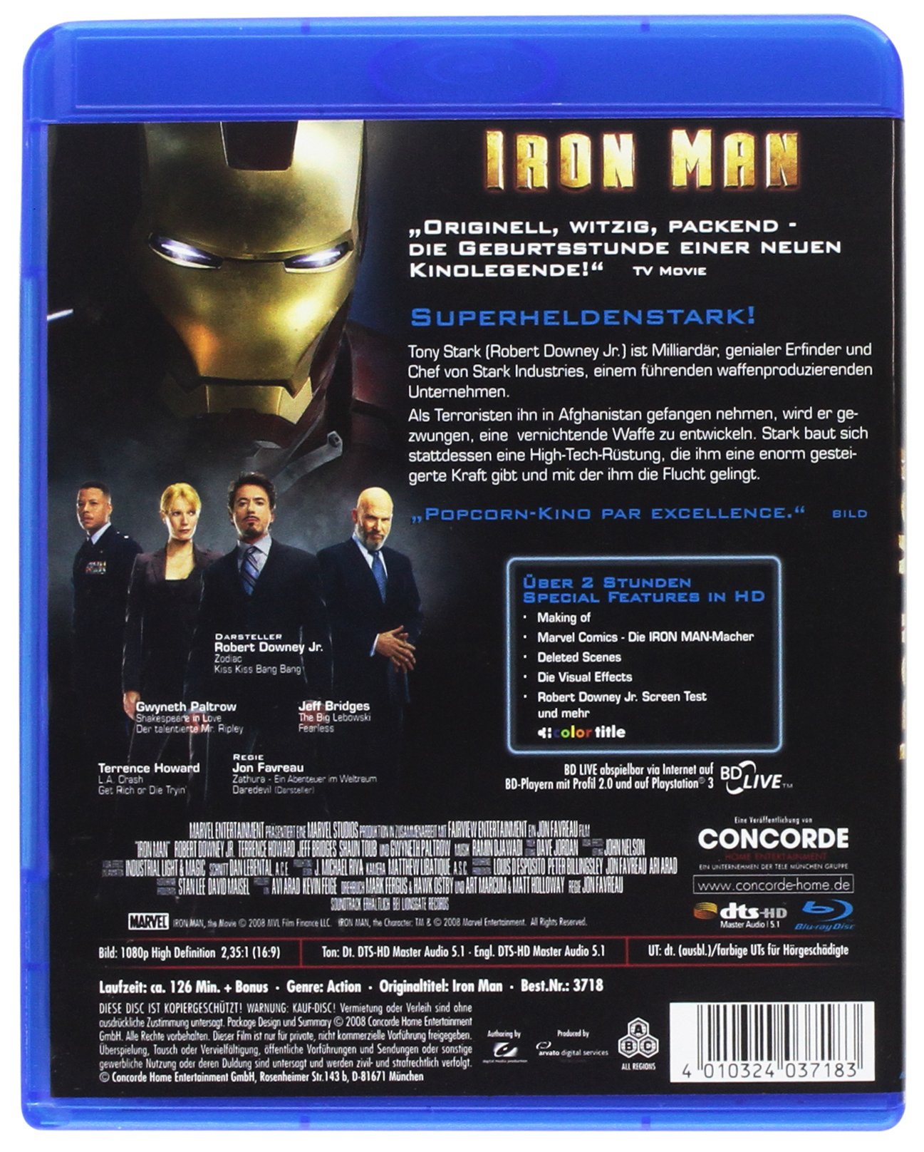 Iron Man Blu-ray Movie - Marvel Superhero Action Film for Home Entertainment & Movie Nights