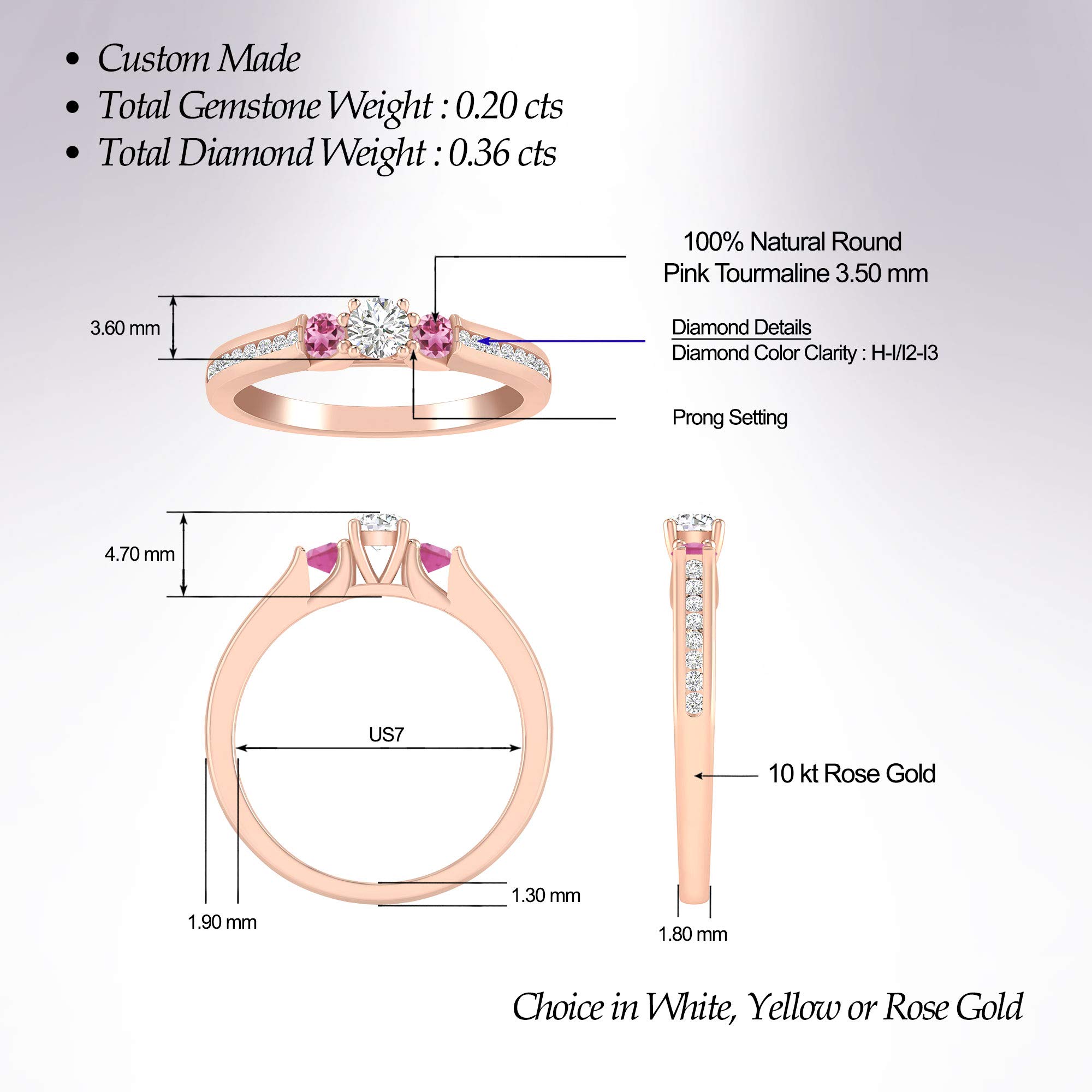 10K Gold 1/2 Carat Round Diamond & Pink Tourmaline Three Stone Engagement Ring | Size 5-8 | H-I Color | I2-I3 Clarity | Wedding Proposal, Promise Ring, Anniversary Gift | Perfect for Romantic Occasions & Special Celebrations
