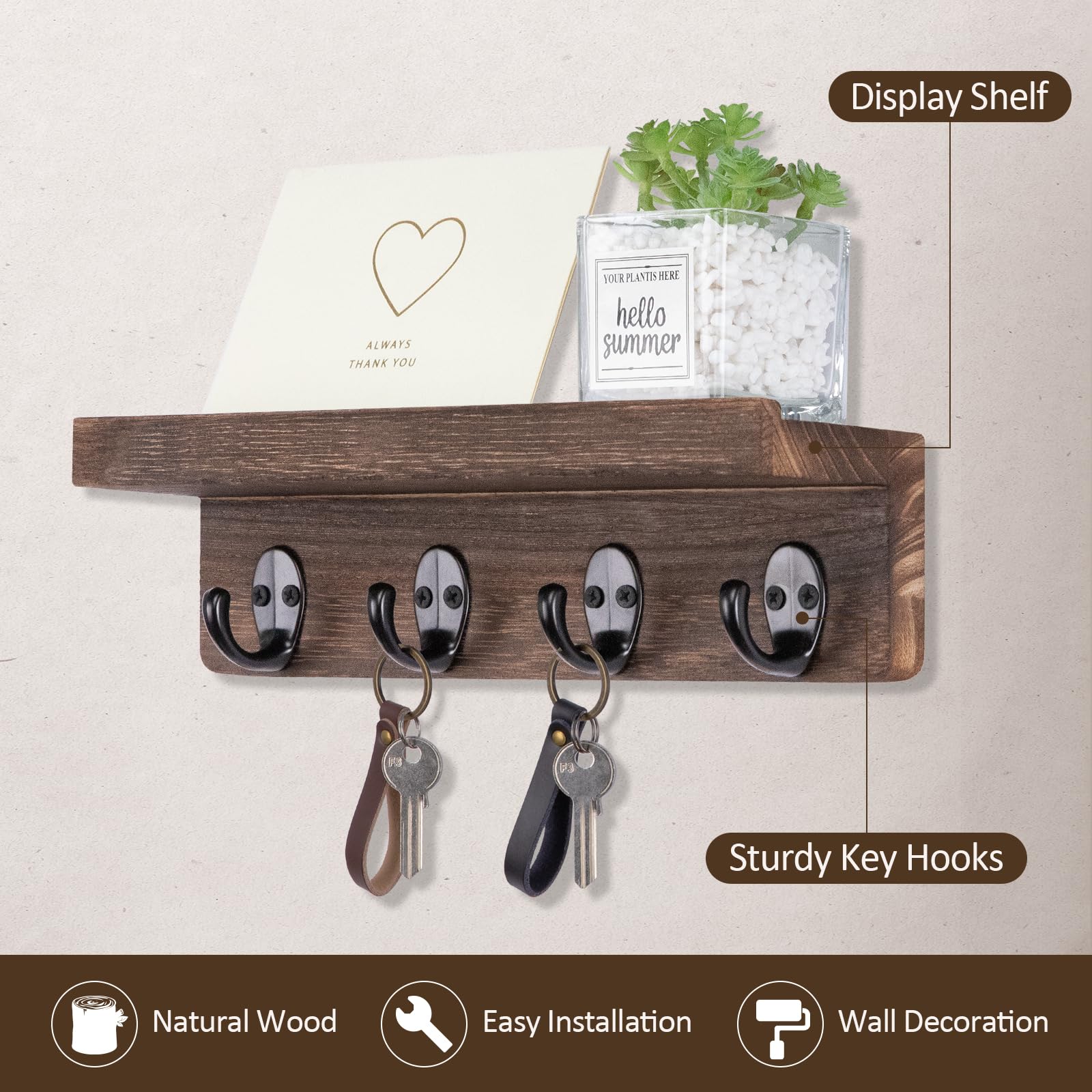 Wooden Wall Mounted Key Holder - 9.8 Inch Farmhouse Style Entryway Organizer for Keys, Mail & Essentials | Perfect for Hallway, Kitchen & Home Organization (Brown)