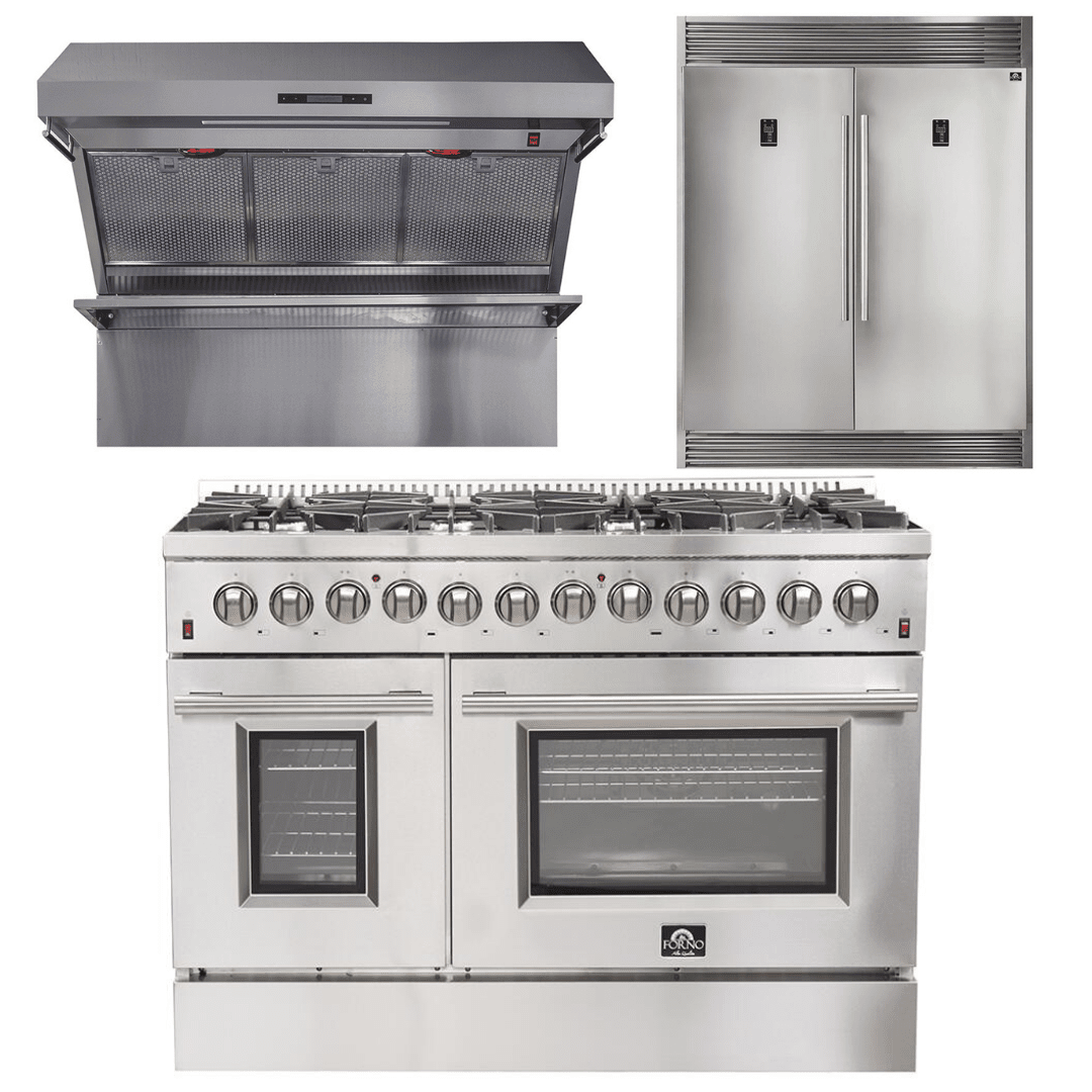 48 Inch Dual Fuel Range with Wall Mount Range Hood & 60 Inch Refrigerator - Forno Appliance Package FBDL 017 02US | Perfect for Modern Kitchens & Home Renovations