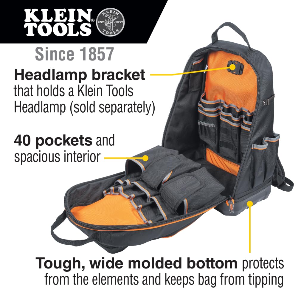 Klein Tools 62800BP Tradesman Pro Extra-Large 40-Pocket Electrician Backpack Tool Bag with Molded Bottom & Charging Port - Durable Jobsite Backpack for Electricians, Contractors & DIY Projects
