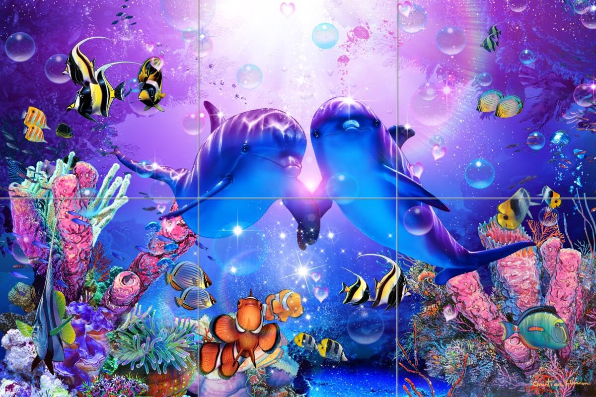 Ceramic Backsplash Tile Mural - Dolphin & Whale Underwater Ocean Scene - Fish Design for Kitchen, Bathroom & Shower - Precious Love by Christian Riese Lassen - Perfect for Coastal, Beach & Nautical Home Decor