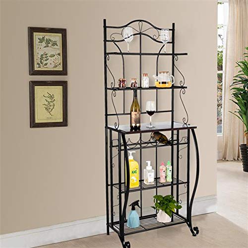 5-Tier Black Metal Kitchen Bakers Rack with Wine Storage - Cappuccino Finish Scroll Design for Coffee & Wine Organization - Perfect for Small Kitchens, Dining Rooms & Home Bars