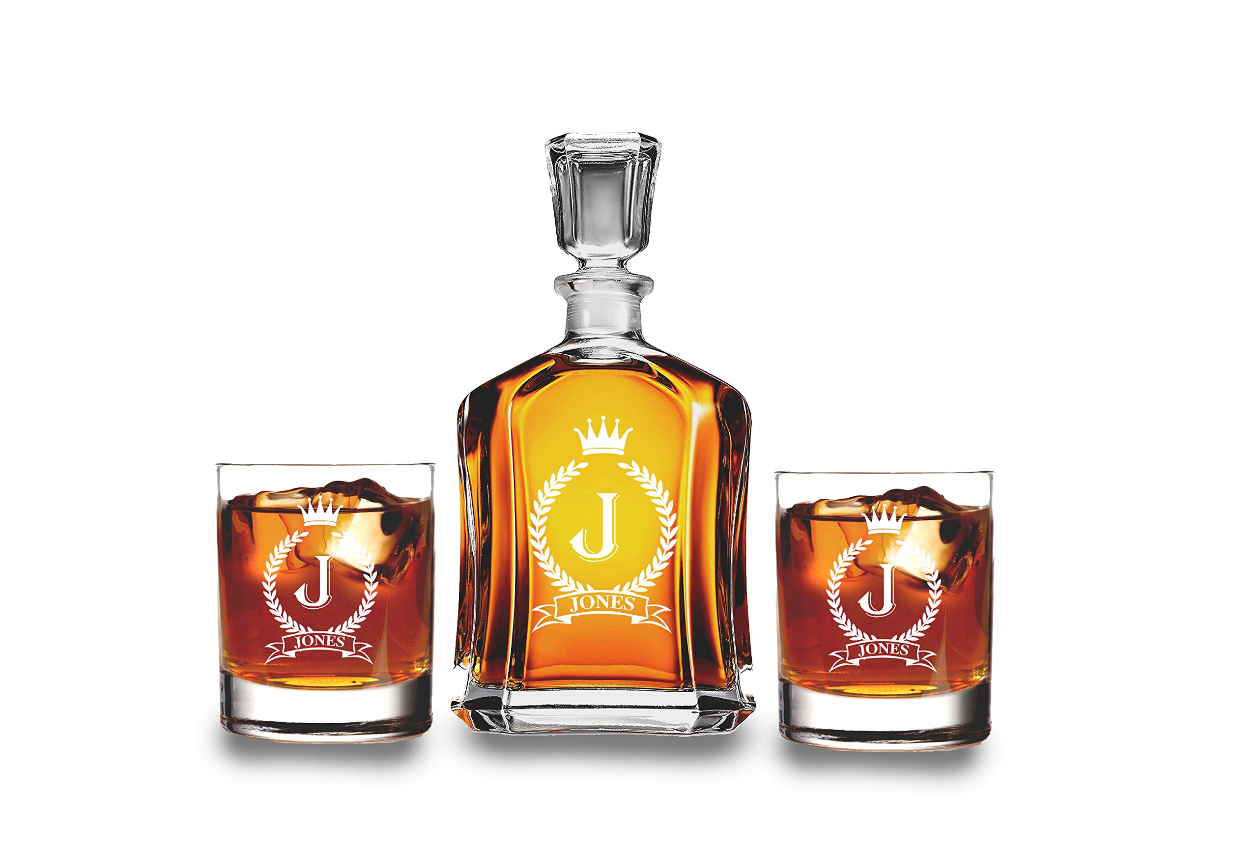 Personalized Whiskey Decanter Set with Wooden Box - Custom Engraved Monogram Decanter & 2 Glasses - Perfect Wedding Gift, Anniversary Present & Home Bar Accessory for Whiskey Lovers