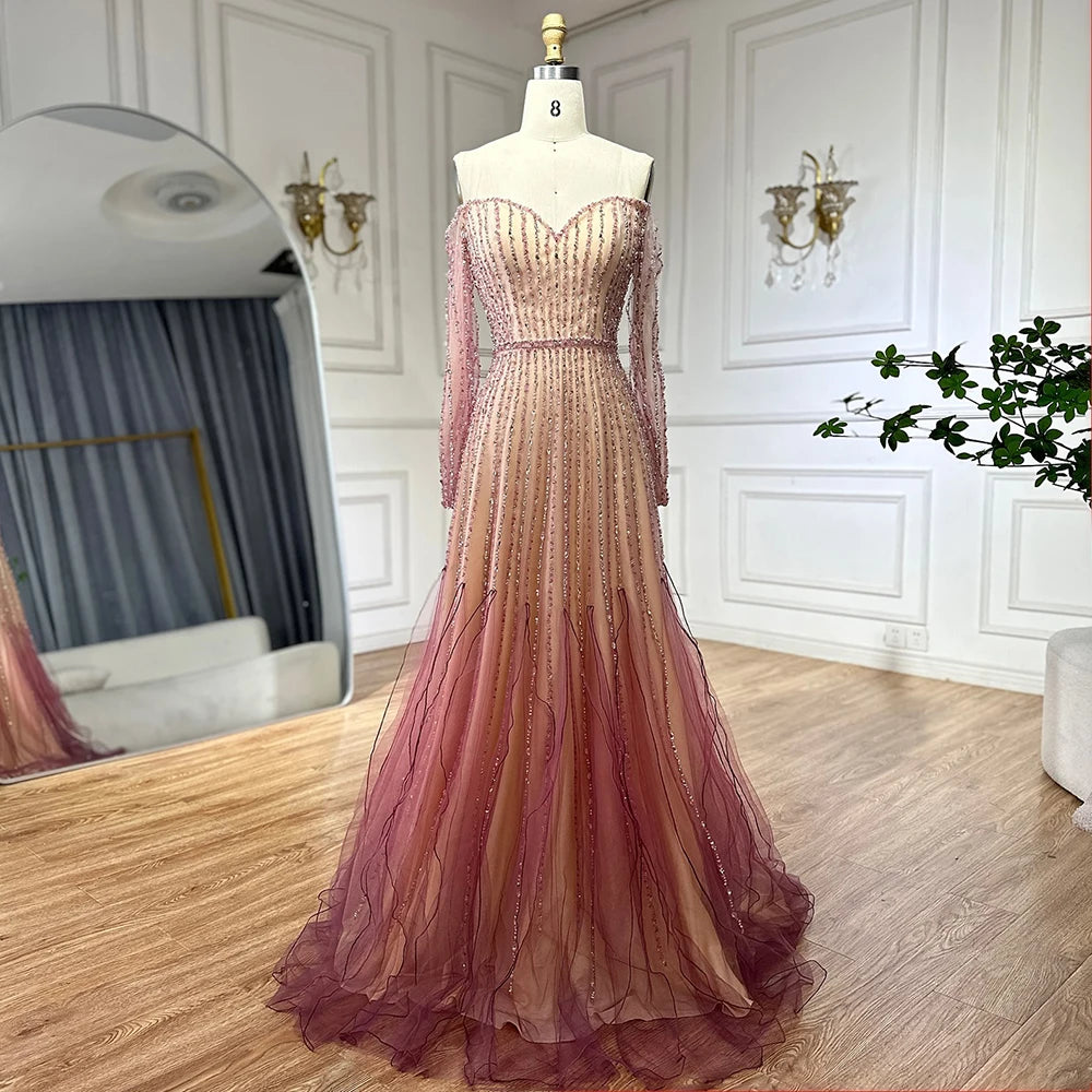 Elegant Purple Beaded A-Line Long Evening Dress for Women - Luxury Dubai Arabic Style Formal Gown LA72752 | Perfect for Weddings, Galas, and Special Occasions