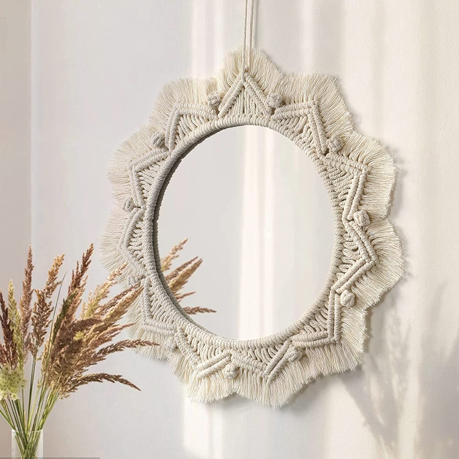Bohemian Macrame Wall Mirror - Round Decorative Hanging Mirror for Bedroom, Nursery, Living Room | Handmade Beige Cotton Rope Mirror - Perfect for Boho Home Decor & Wall Accents