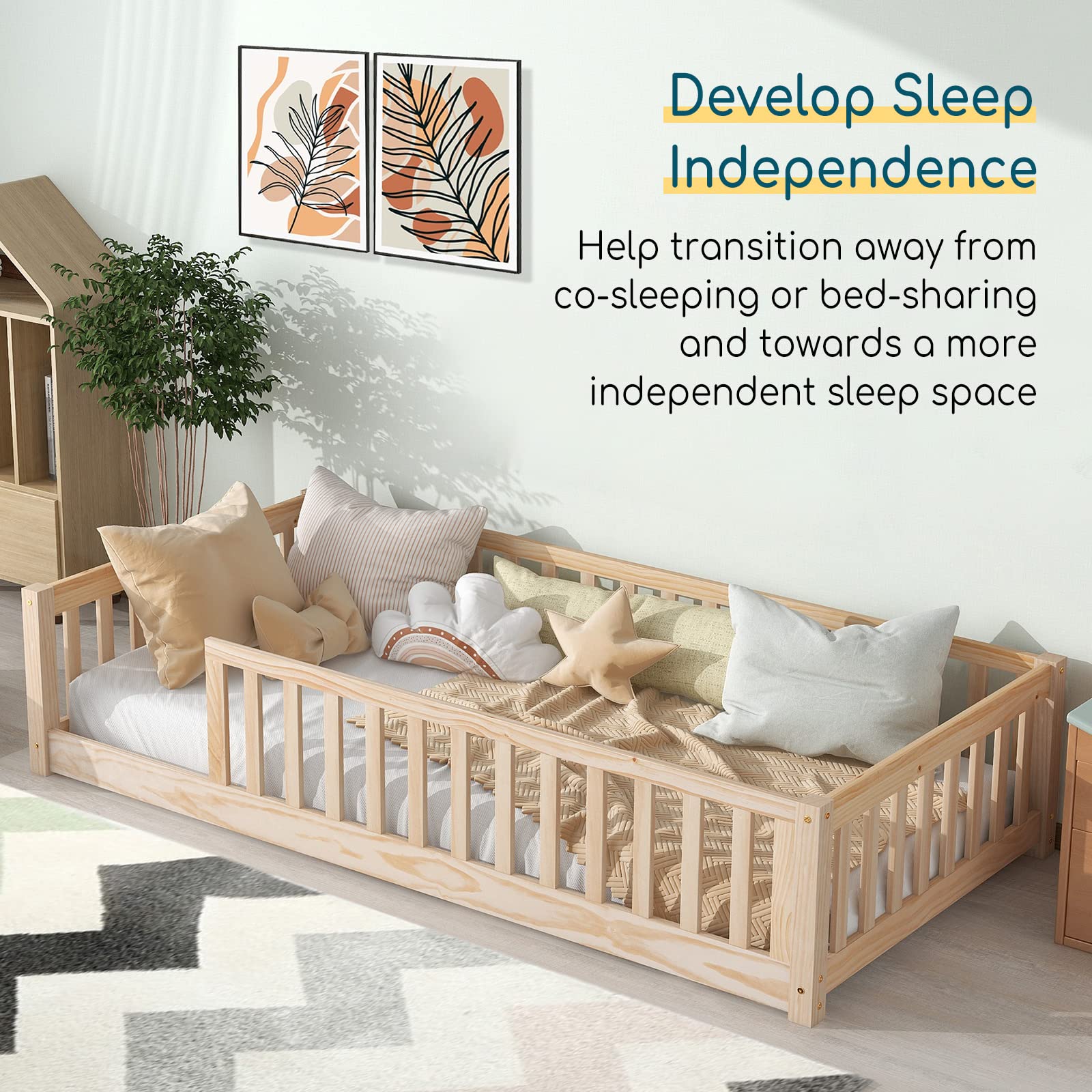 **Montessori Twin Floor Bed with Safety Guardrails & Slats - Kids Wood Bed Frame for Boys & Girls - Low Profile Toddler Bed for Safe Sleep & Play - Perfect for Montessori Rooms, Daycare, or Nursery**
