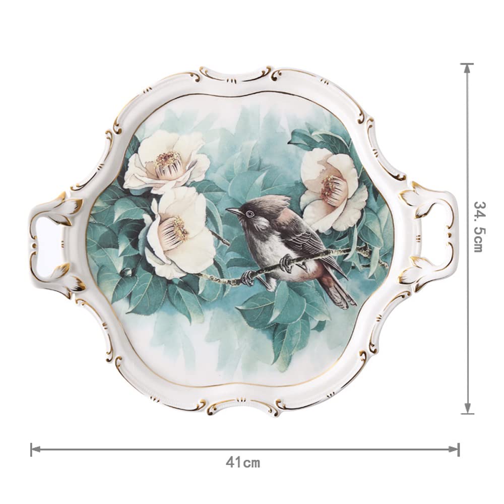 European-Style Ceramic Tea Set Tray with Rhododendron Bird Design - Elegant Afternoon Tea Serving Platter for Living Room, Bedroom & Kitchen | Perfect for Tea Parties, Snack Serving & Home Decor