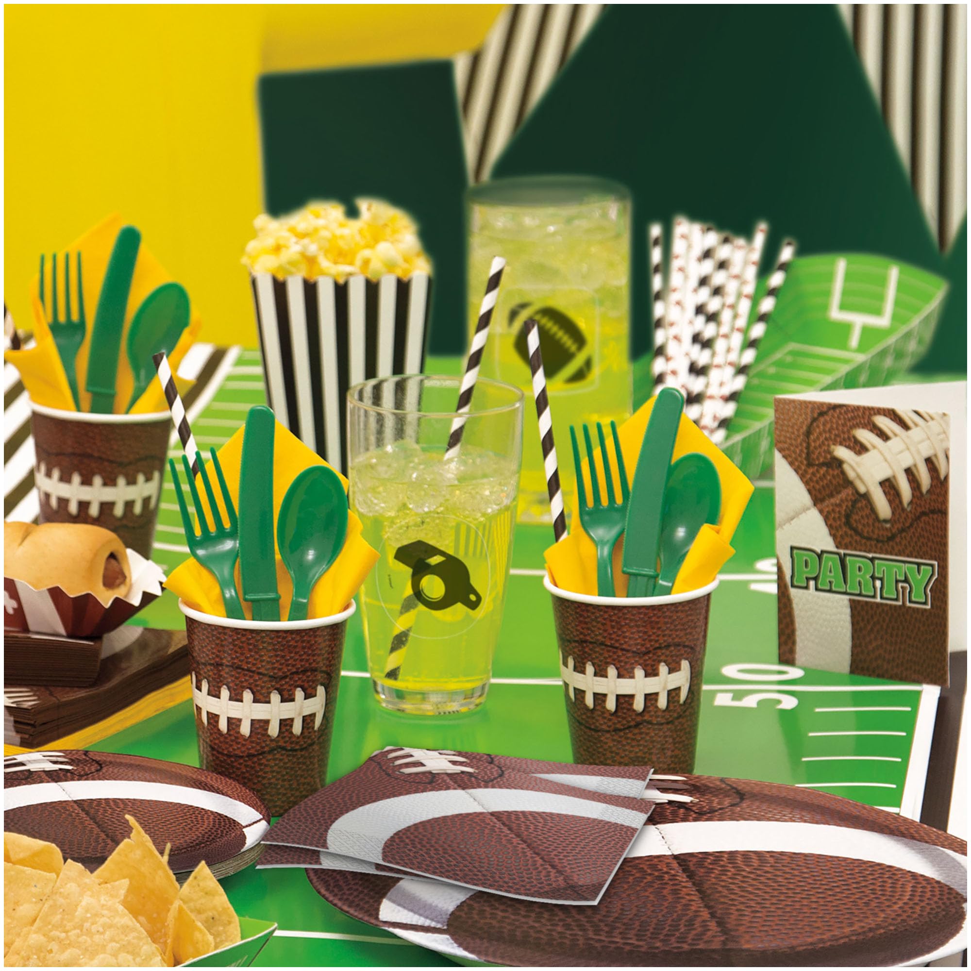 Football Party Supplies Set - 16 Oval Paper Dinner Plates, Luncheon Napkins & Beverage Cups for Game Day Tailgating & Sports Themed Events