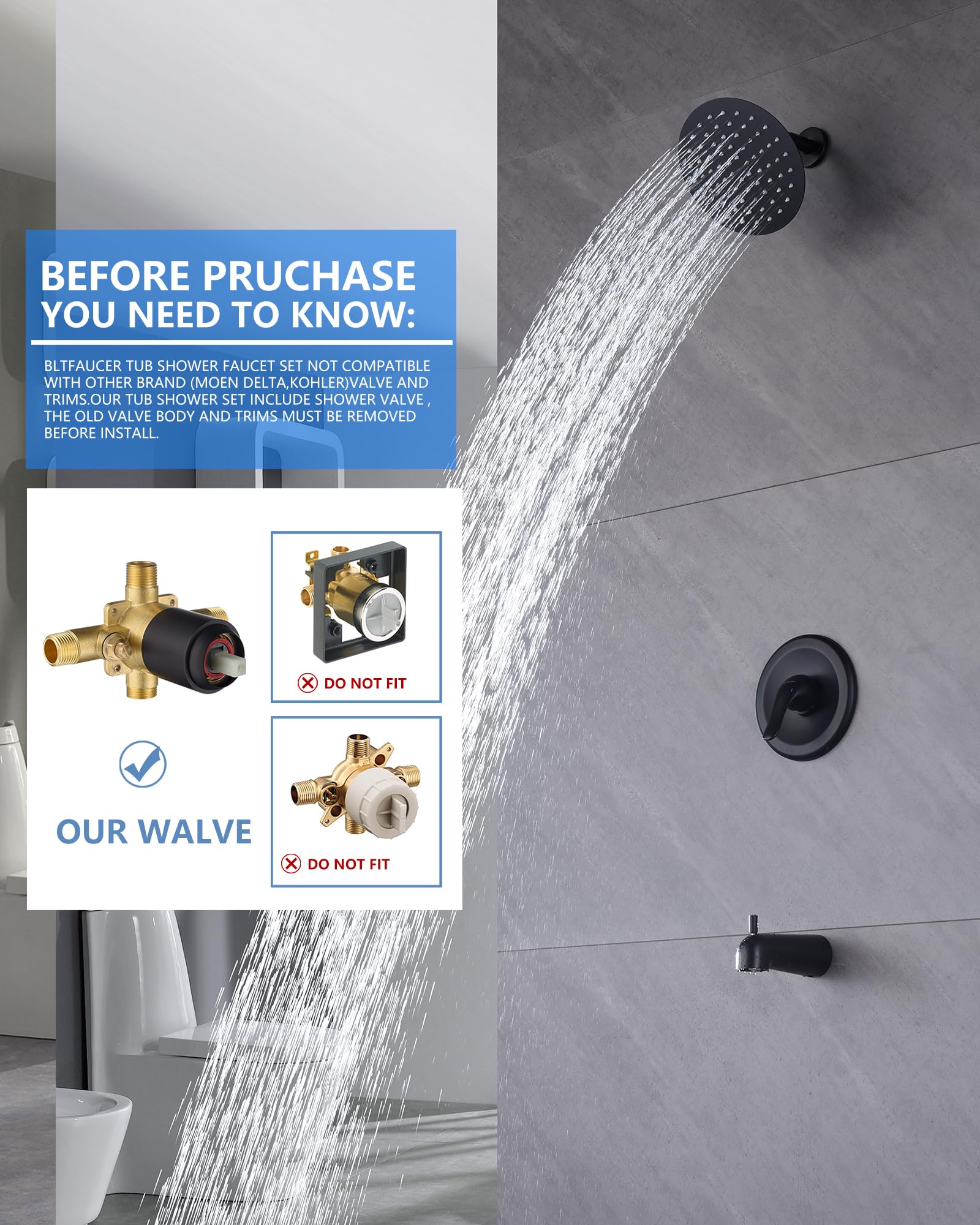 Matte Black Shower Tub Faucet Set - 8 Inch Rain Shower Head & Tub Spout - Single Handle Bath & Shower Trim Kit with Rough-In Valve - Perfect for Modern Bathroom Renovations & Spa-Like Showers