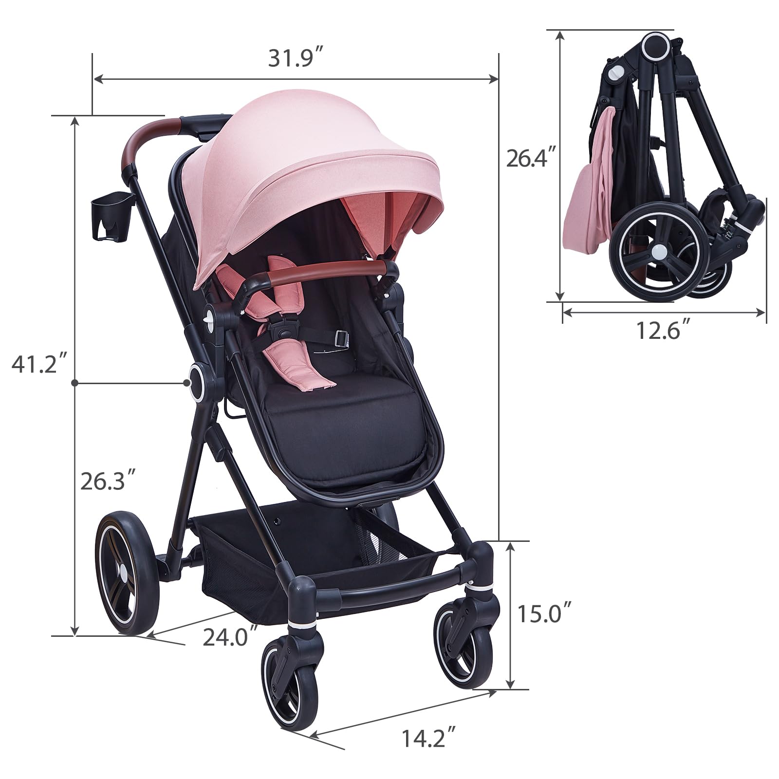 Convertible Baby Stroller with Bassinet Mode - Lightweight Foldable Aluminum Alloy Stroller for Newborns & Infants | Adjustable Reclining Seat & Shock Absorption | Perfect for Travel, Shopping & Outdoor Walks (Pink)