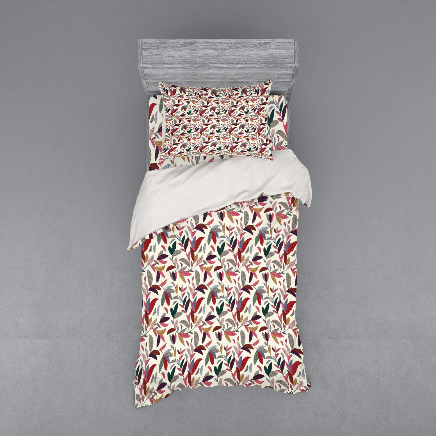 Ambesonne Floral Bedding Set - Modern Hand-Painted Plant Swirls & Leaves Design with Cream Backdrop, 3-Piece Duvet Cover Set with Sham & Fitted Sheet, Twin XL Size, Multicolor - Perfect for Boho Chic Bedrooms & Guest Room Decor