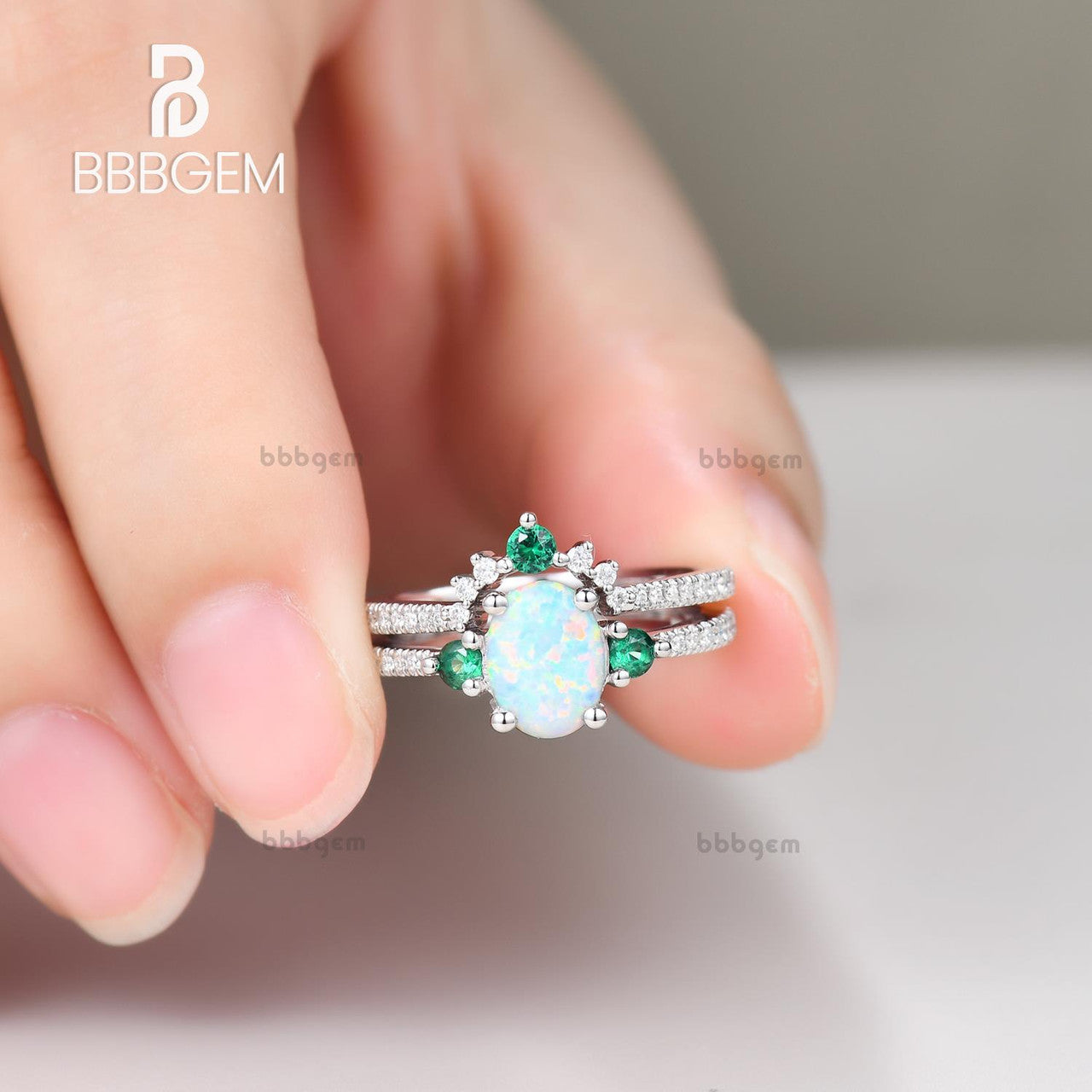 Antique Diamond & Emerald Engagement Ring Set with Lab Opal Bridal Wedding Band - Vintage Style for Bridal Jewelry, Wedding Proposal & Anniversary Gifts