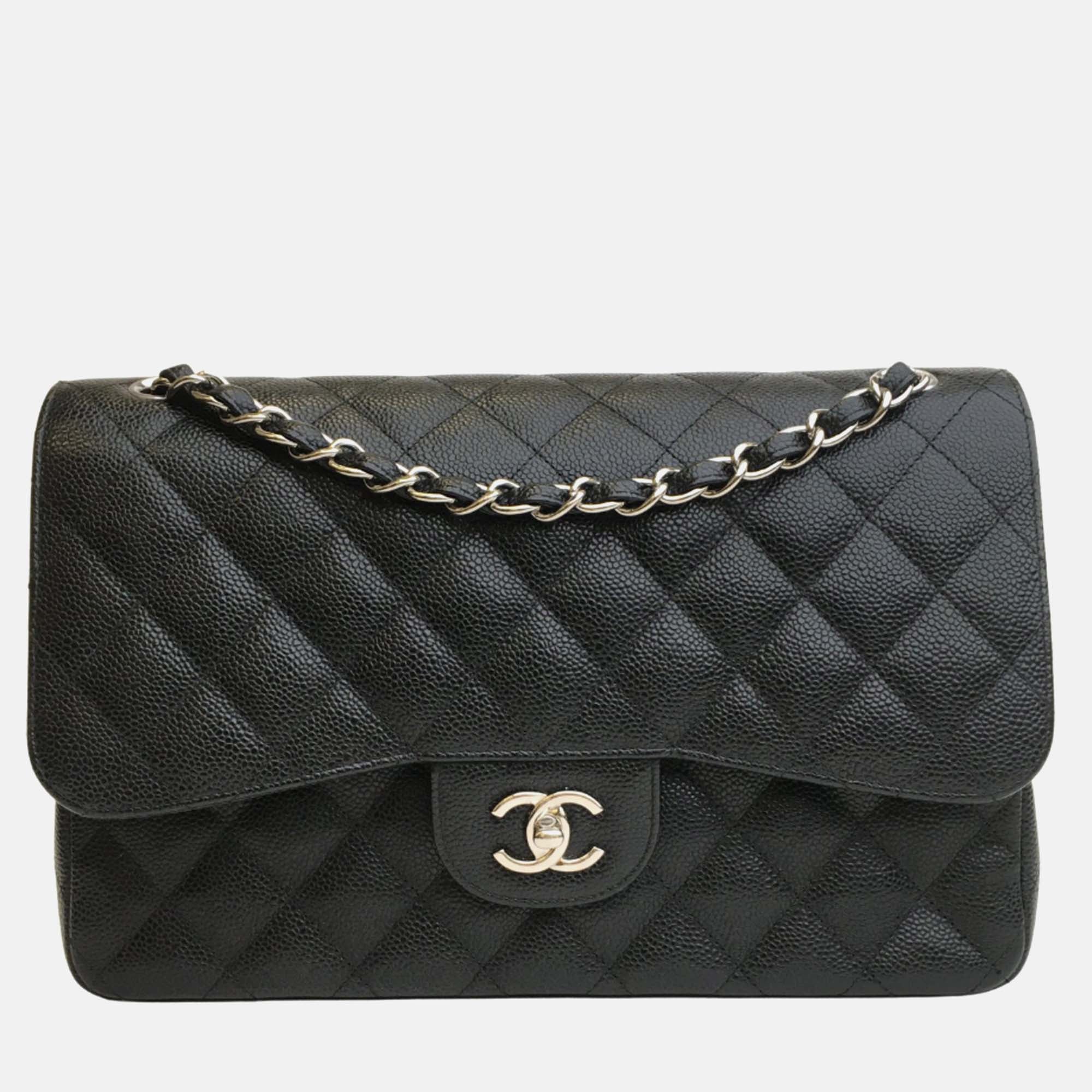 Luxury Black Caviar Leather Jumbo Classic Double Flap Shoulder Bag for Women - Elegant Designer Handbag for Work, Party & Evening Events