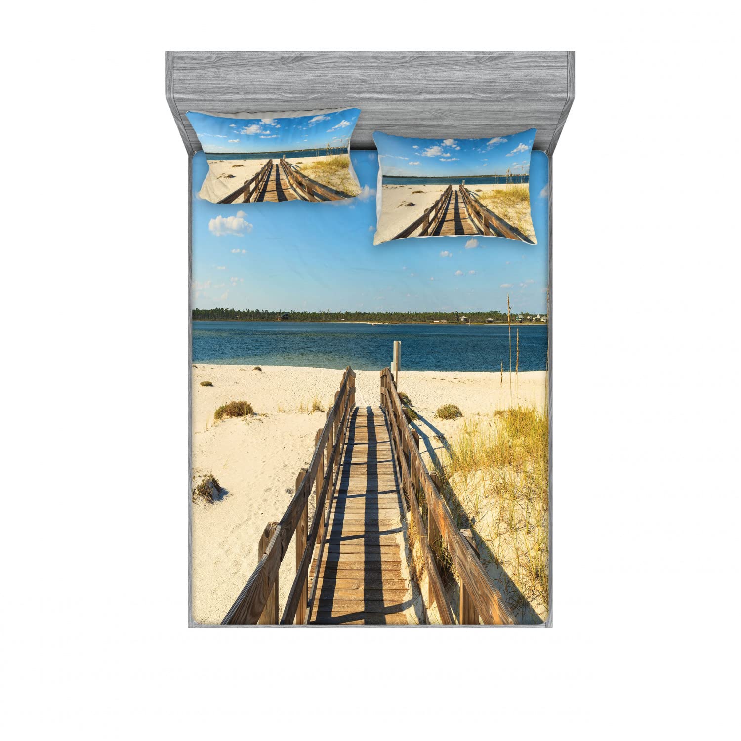 Ambesonne 2-Pack Full Size Fitted Sheets & 4 Pillow Shams Set - Coastal Beach Theme with Long Pier Design in Cream & Blue - Soft Bedding Decor for Guest Rooms, Vacation Homes & Beach House Retreats