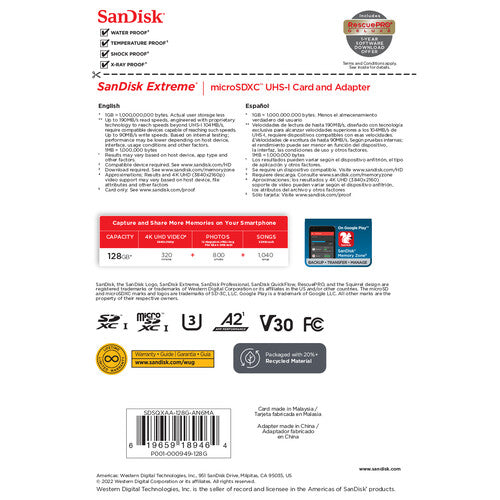 SanDisk 128GB Extreme UHS-I microSDXC Memory Card with Adapter - High Speed for 4K Video, Action Cameras, Drones & Smartphones - A1 Rated for Apps