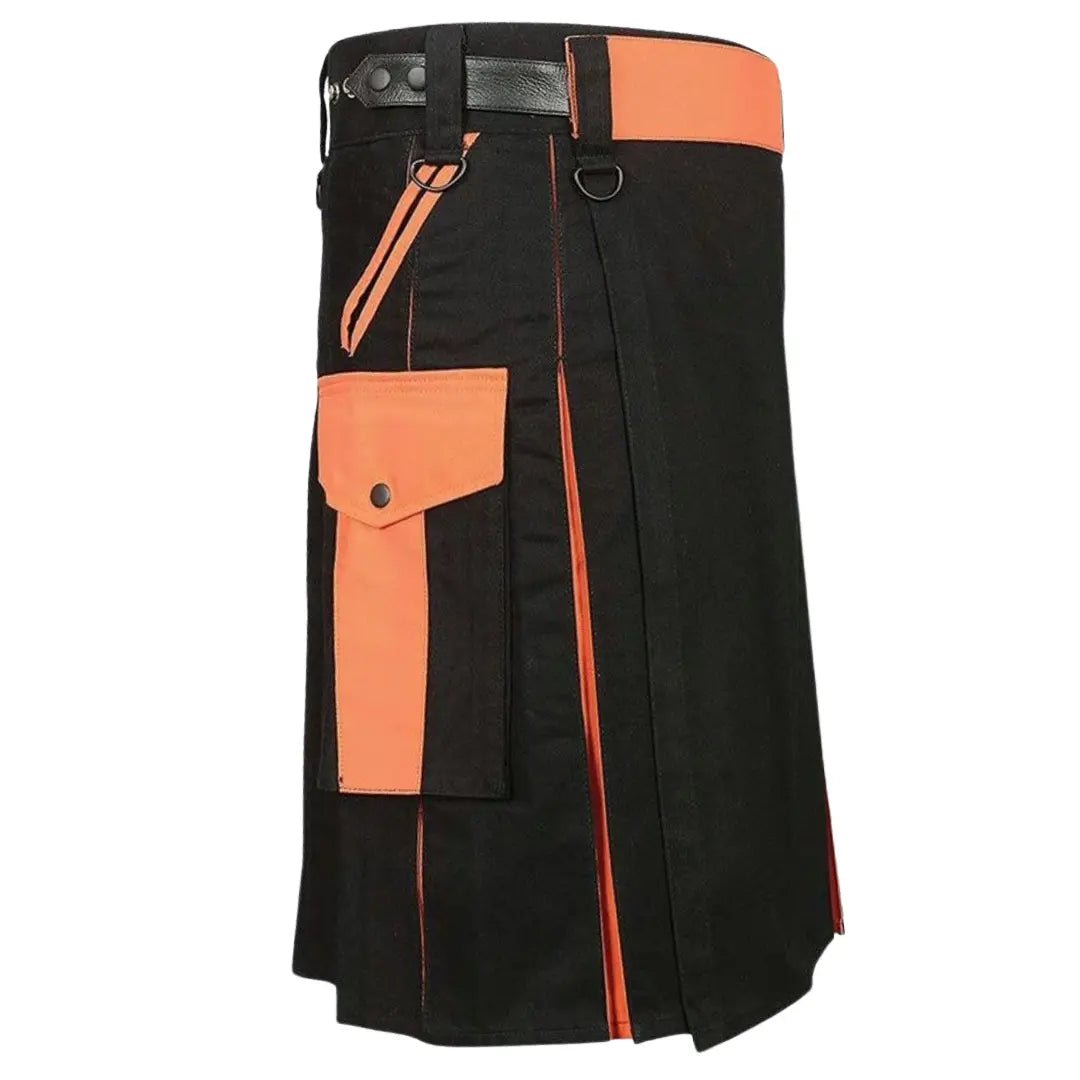 Black & Orange Utility Kilt For Men - Durable Tactical Kilt with Pockets | Perfect for Outdoor Activities, Hiking, Festivals & Cosplay