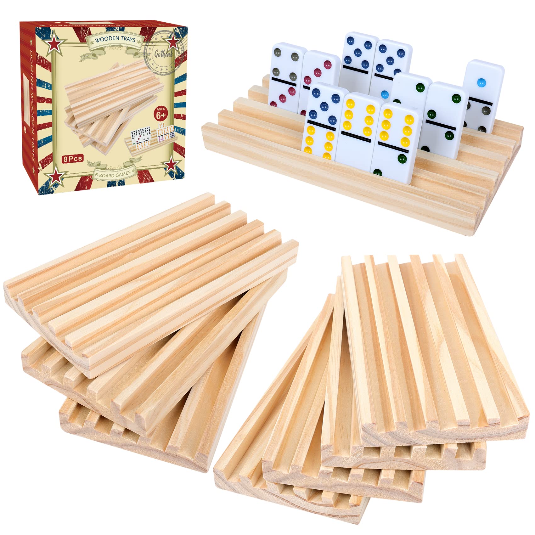 GOTHINK 8-Piece Wooden Domino Rack Set - Mexican Train Dominoes Game Trays & Tile Holders for Adults & Kids (Dominoes Not Included) - Perfect for Family Game Nights & Party Entertainment