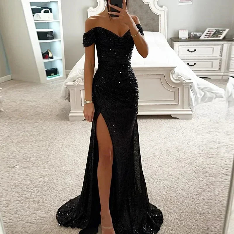 Elegant Off Shoulder Sequin Mermaid Maxi Dress for Women | 2025 Prom Party Evening Gown | Perfect for Formal Events, Weddings & Special Occasions