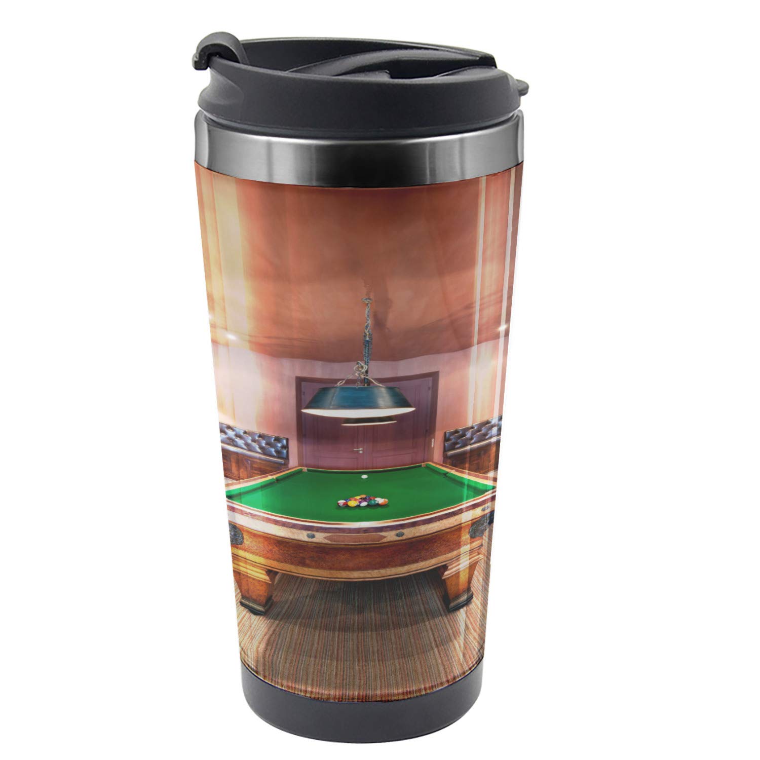 Ambesonne Modern Travel Mug | 16 oz Steel Thermal Cup | Pool Table Billiard Design in Cinnamon Brown & Green | Perfect for Office, Commute, and Outdoor Adventures