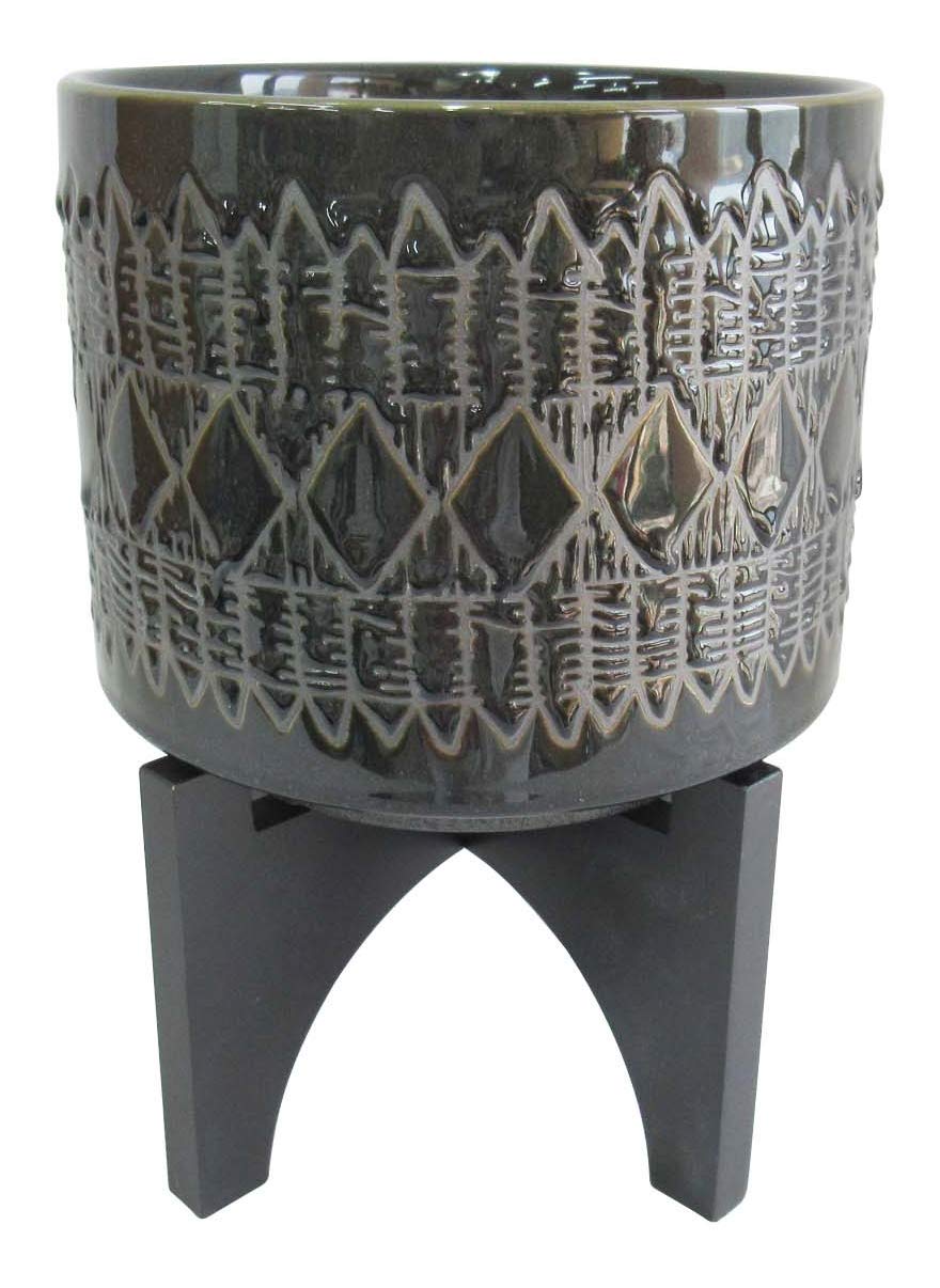 Rivet Global Stoneware Planter with Black Wood Stand - 10.4 Inch Modern Flower Pot for Indoor Plants, Succulents & Home Decor - Perfect for Living Room, Office & Garden Decor