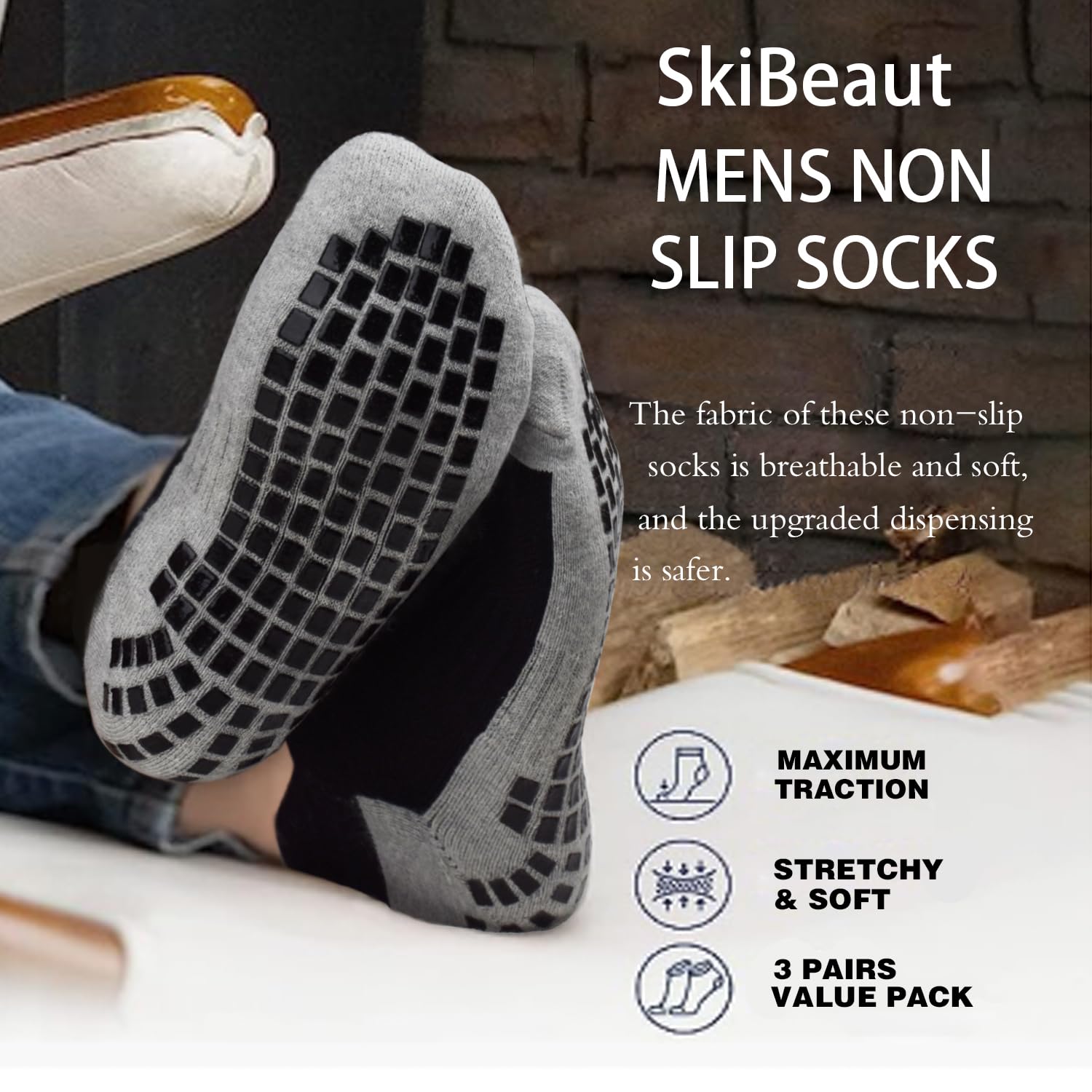 **SkiBeaut Men's Low Cut Non-Slip Grips Cushion Ankle Socks - 3 Pairs for Pilates, Yoga, Hospital & Work - Anti-Skid Breathable Comfort Socks for Men**