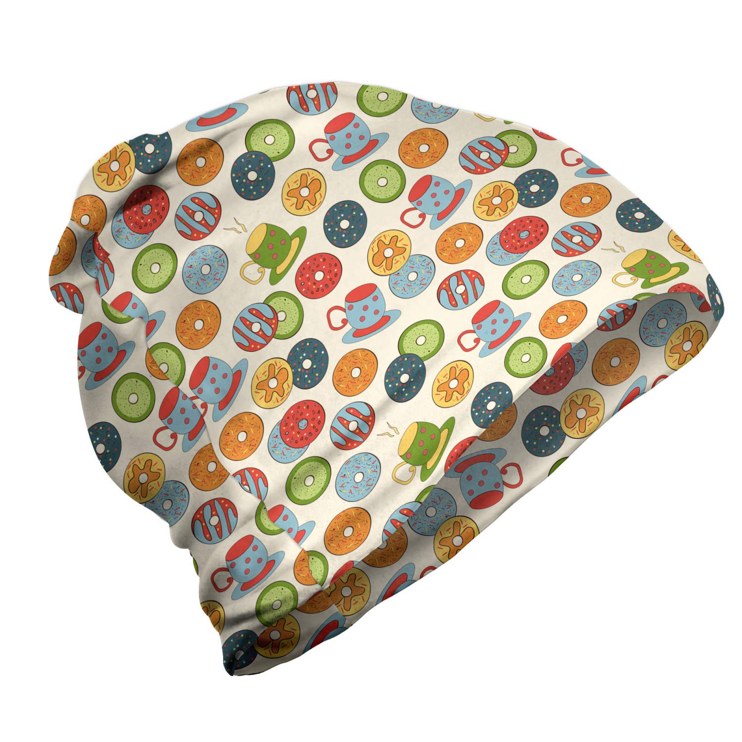 Ambesonne Unisex Beanie - Stylish Knit Winter Hat with Donut & Coffee Cup Print - Perfect for Hiking, Outdoor Activities & Cold Weather Fashion