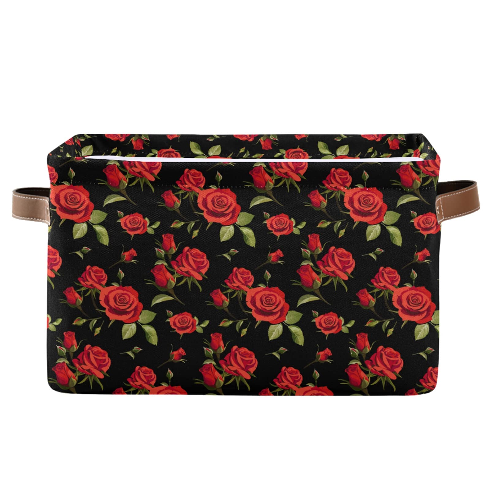 Red Rose Canvas Storage Basket - Large Collapsible Cube Organizer Bin for Home, Office & Closet (15