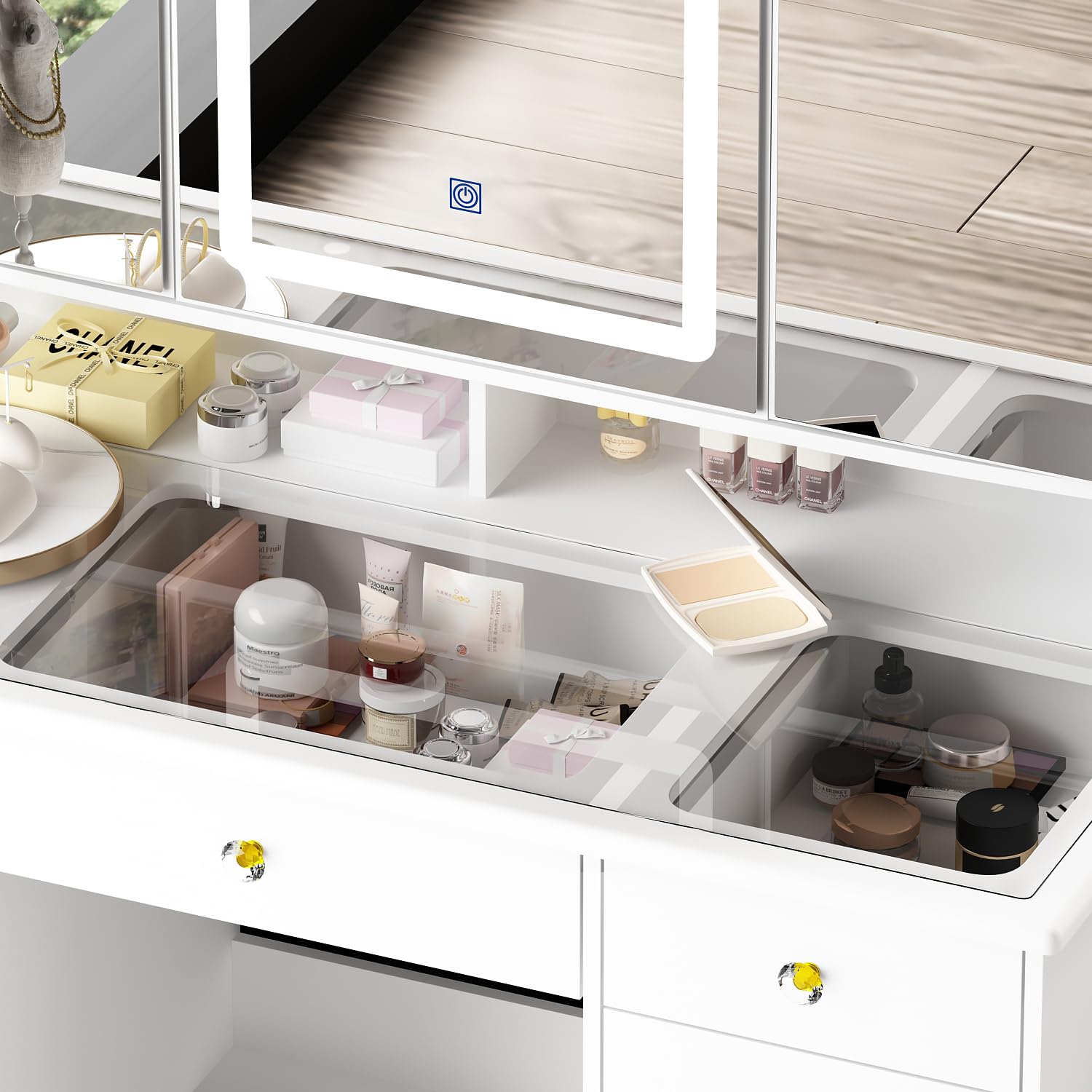 Homsee Modern Vanity Desk with 3 Mirrors & LED Lights - Adjustable Brightness, Glass Top, Hidden Storage & Drawers - White Makeup Dressing Table for Bedroom, Salon, or Beauty Studio