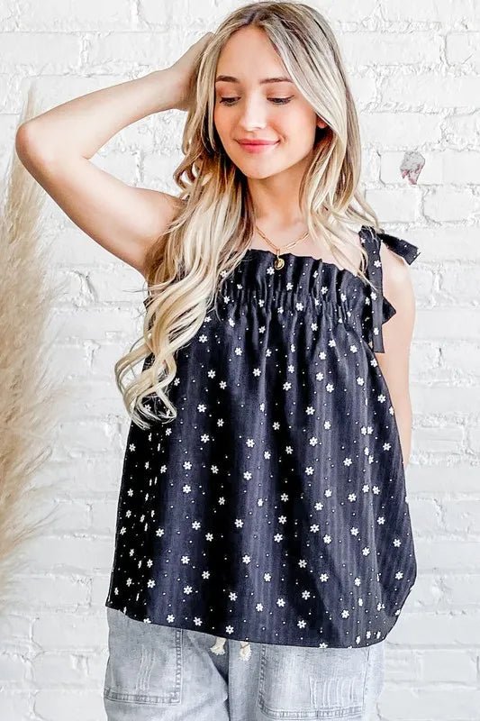 Women's Polka Dot Print Ruffle Tank Top - Floral Daisy Design - Casual Summer Blouse for Beach, Party & Everyday Wear