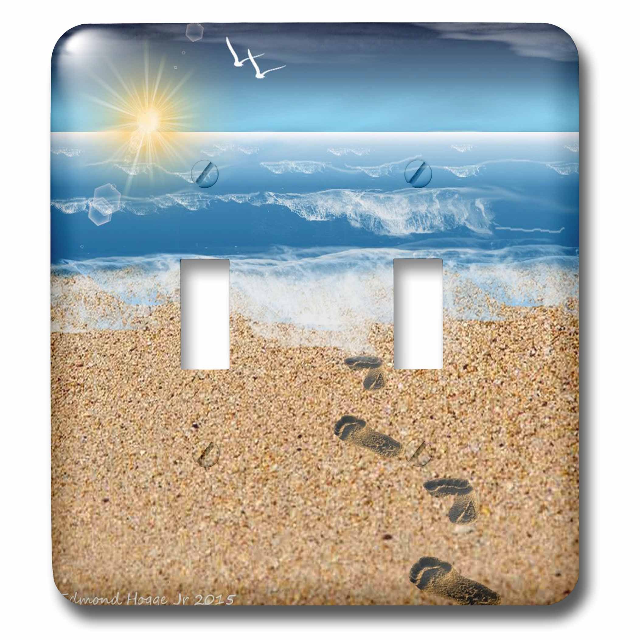 3D Rose Double Toggle Switch with Footprints in The Sand & Ocean Background Design - Perfect for Home Decor, Office Accessories, and DIY Projects