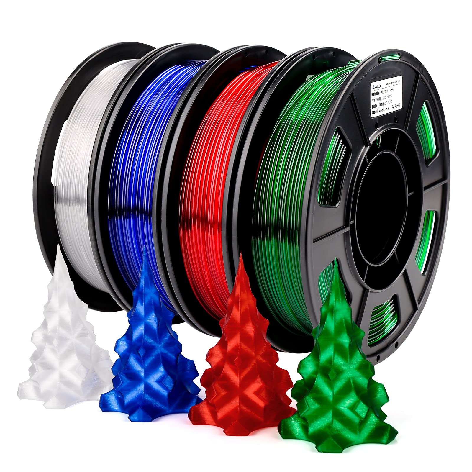 AMOLEN 3D Printer Filament Bundle - 4 Spools PETG Filament 1.75mm (250g Each) | Translucent Clear, White, Red, Green | High Light Transmission for Smooth Printing | Perfect for DIY Projects, Home Decor & Prototyping