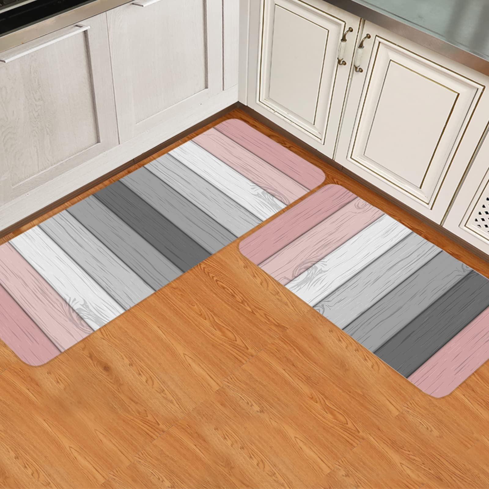 Rustic Farm Wood Grain Non-Slip Kitchen Mat Set of 2 - Pink Grey White Ombre Absorbent Washable Floor Rugs for Kitchen, Bathroom & Entryway | Perfect for Farmhouse Decor, Spill Protection & High-Traffic Areas