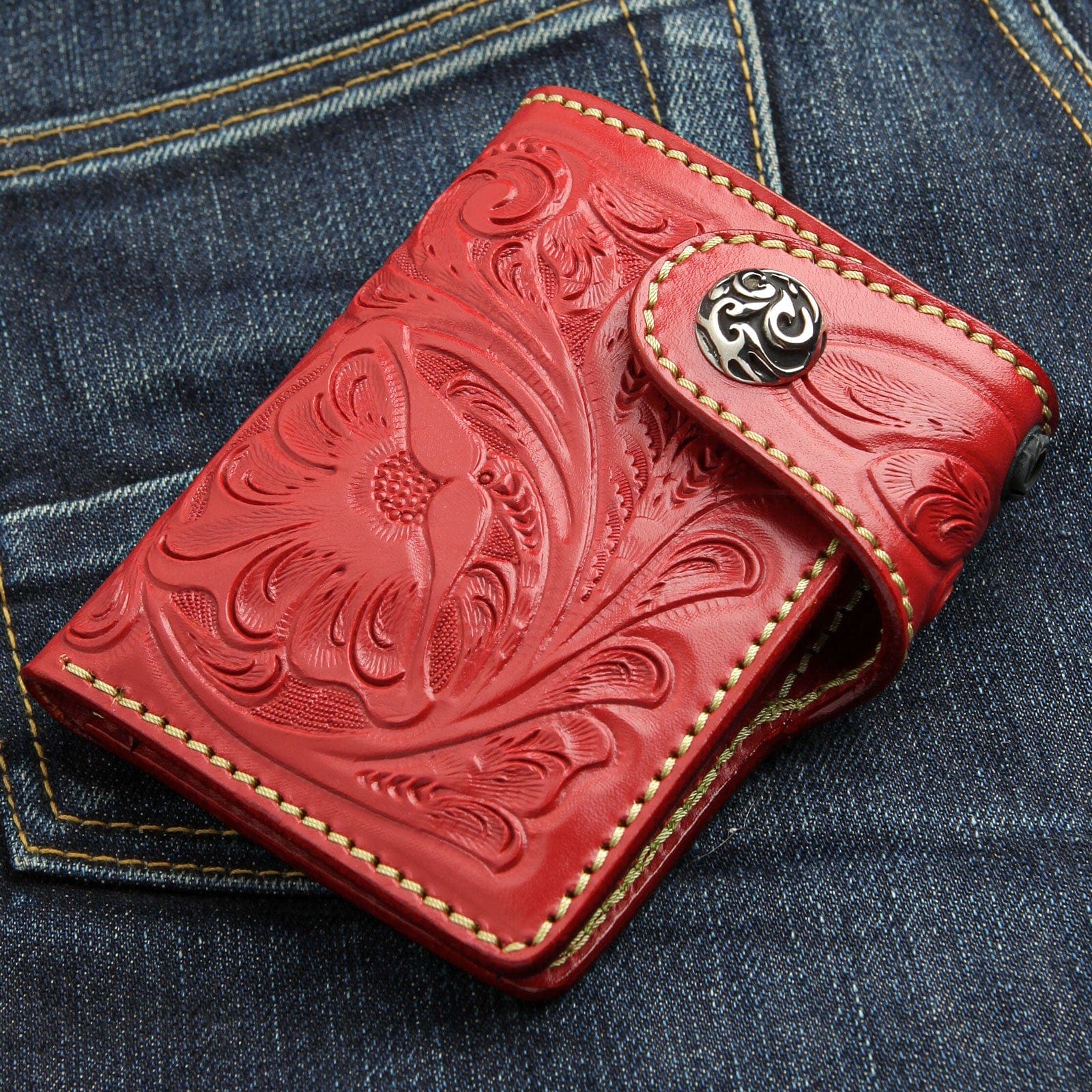 Genuine Red Cowhide Leather Biker Wallet with Chain - Stylish & Durable for Motorcycle Riders, Bikers & Outdoor Enthusiasts