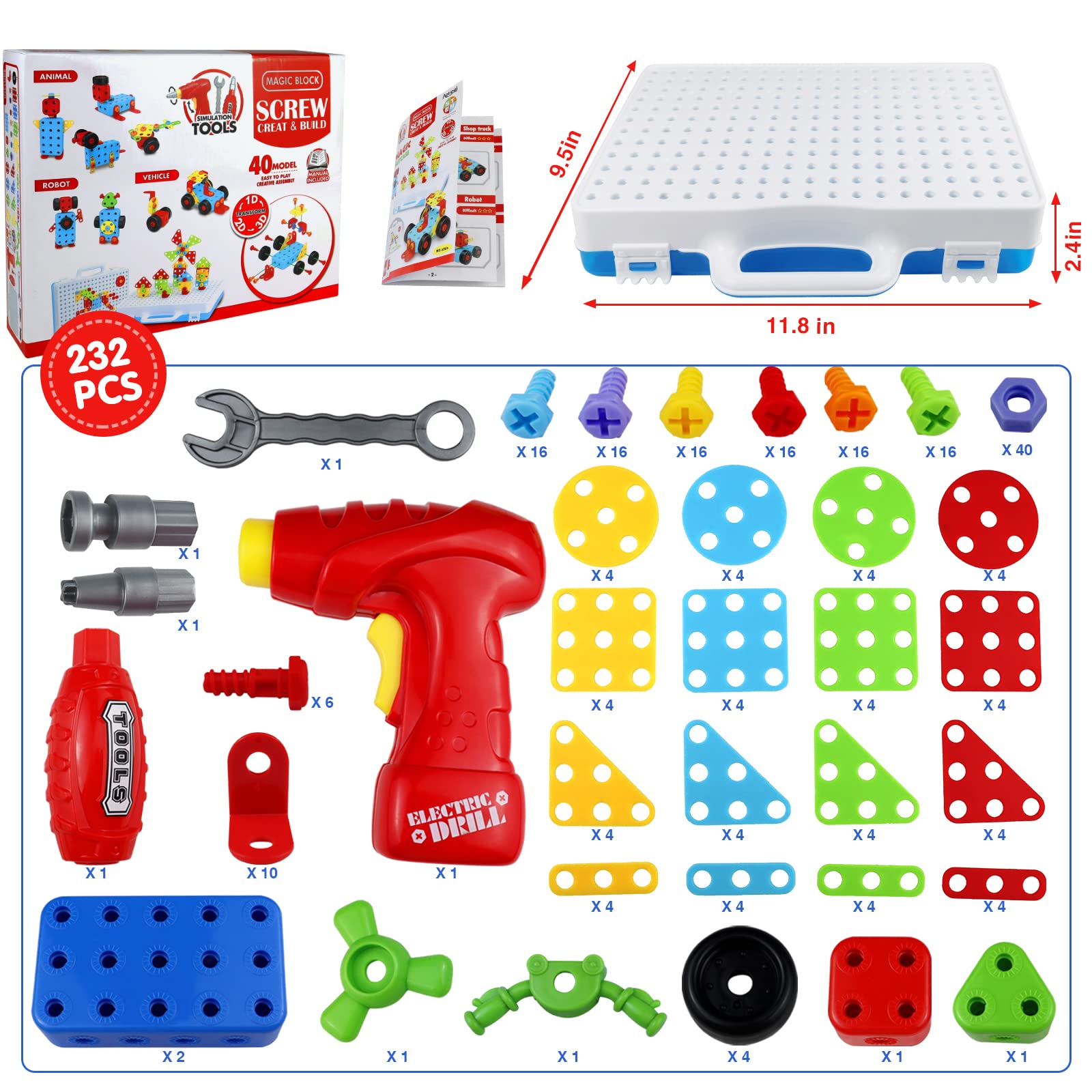 STEM Building Toys 232 Pcs - Electric Drill Construction Set for Kids Ages 3-8 | DIY Educational Engineering Kit with Mosaic Blocks | Creative Learning Gift for Boys & Girls | Perfect for Classroom STEM Activities & Home Playtime
