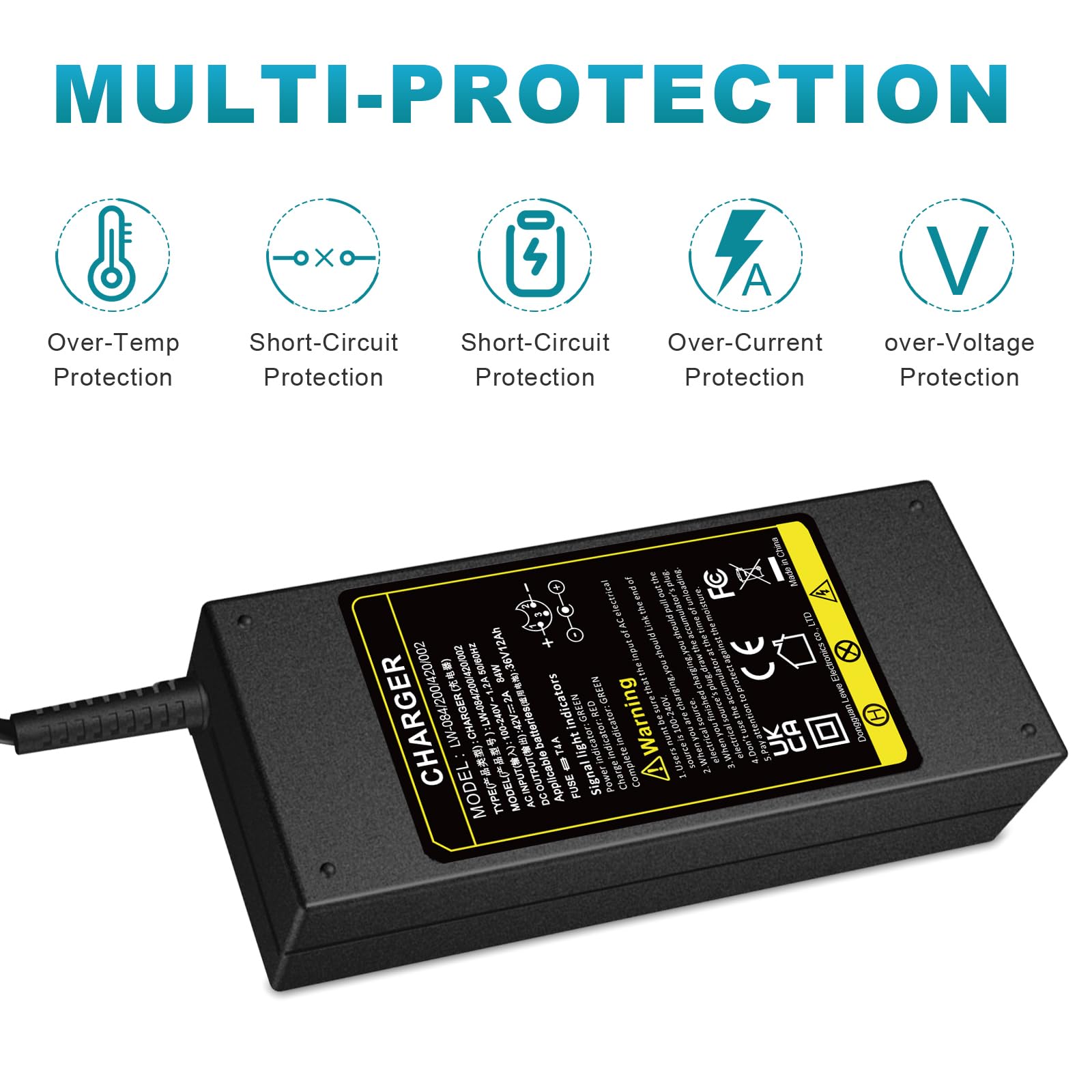 36V 42V 2A Lithium Battery Charger for Electric Bikes - 10 Series Male 3-Pin XLR Connector - Perfect for E-Bike, Scooter & Mobility Scooter Charging