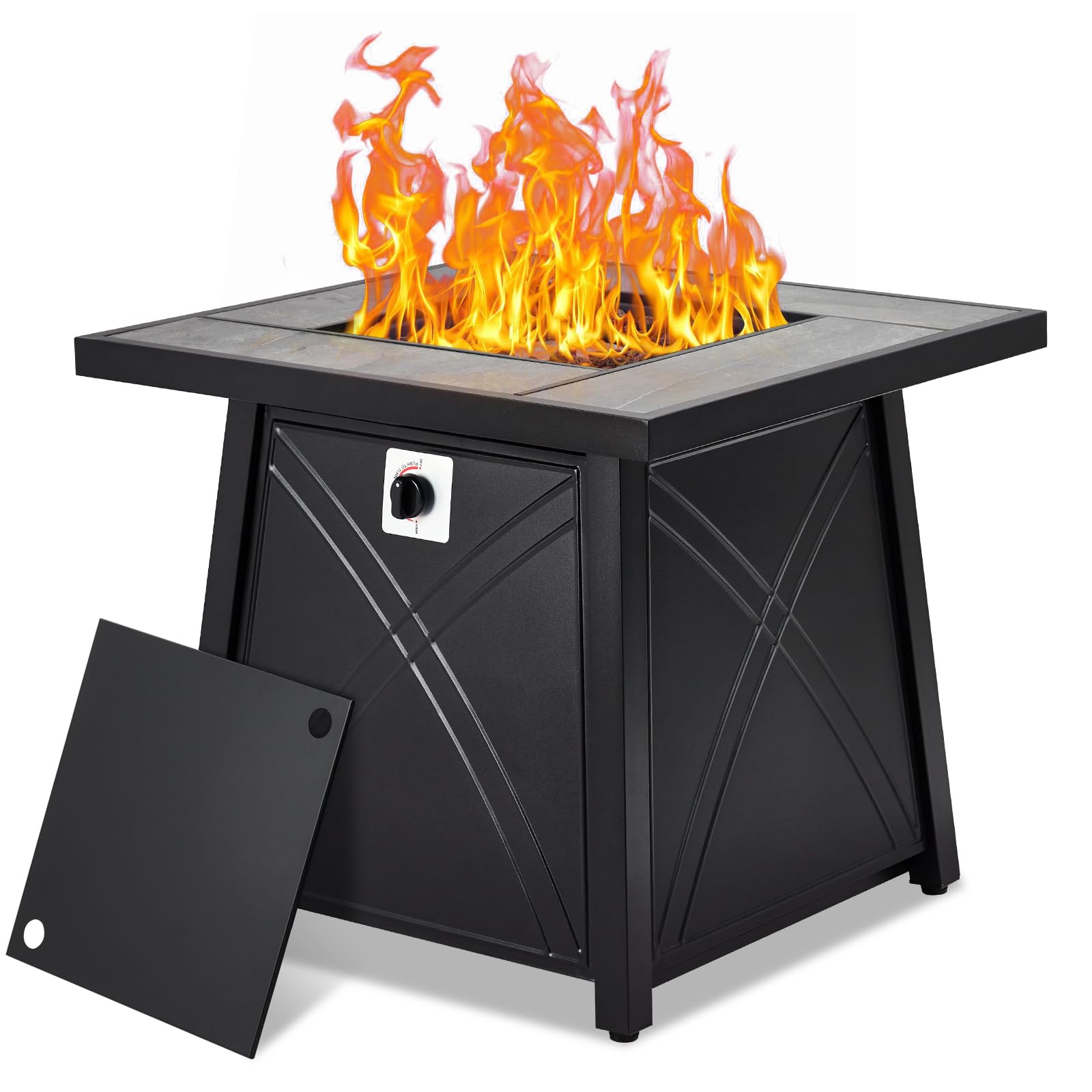 GARVEE 28 Inch Square Propane Fire Pit Table - 50,000 BTU Outdoor Gas Fire Pit with Lid & Lava Rocks - Black Patio Heater for Backyard, Garden, Deck & Outdoor Parties