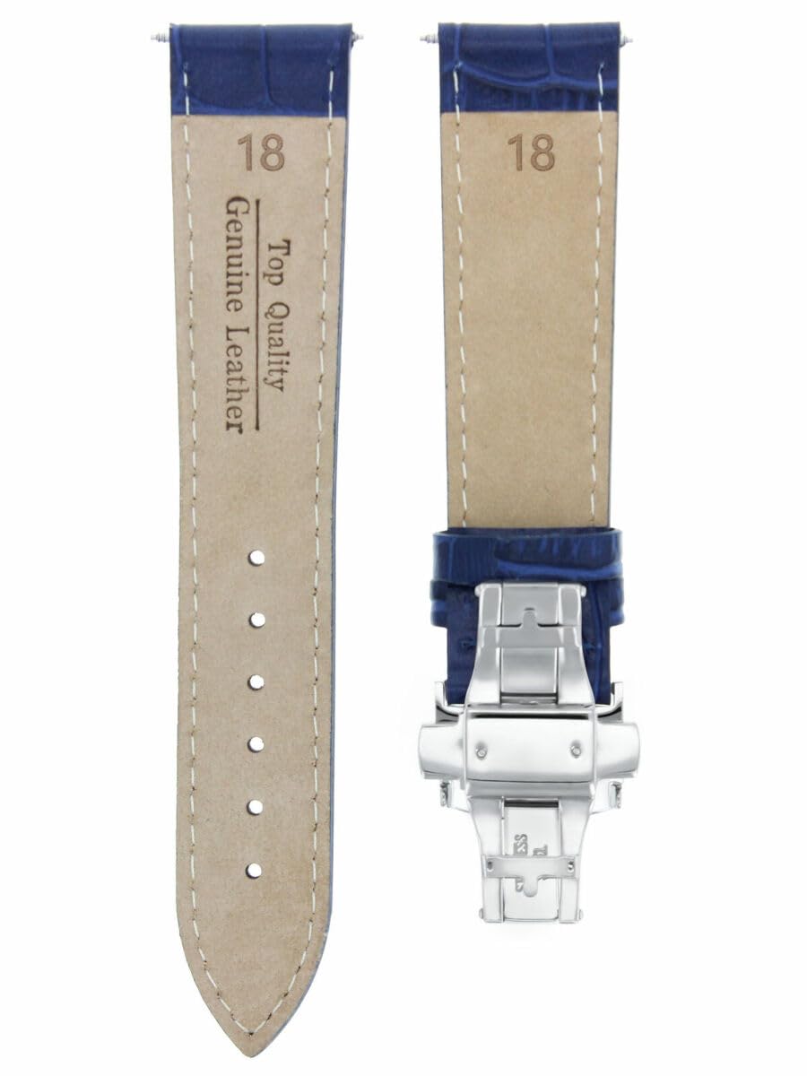 18mm Genuine Leather Watch Band Strap with Butterfly Deployment Clasp - Compatible with Montblanc Watches - Blue - Perfect for Business, Casual & Formal Occasions