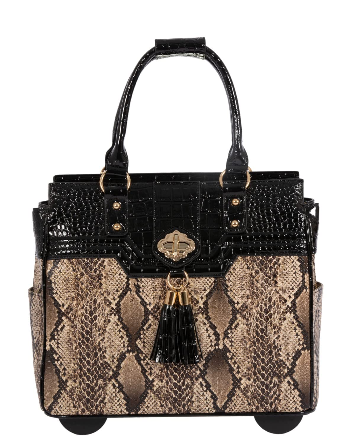 JKM and Company Alligator Print Rolling Tote Bag - Compatible with Laptop, iPad, Tablet - Stylish Briefcase & Carryall for Work, Travel, and Business Meetings