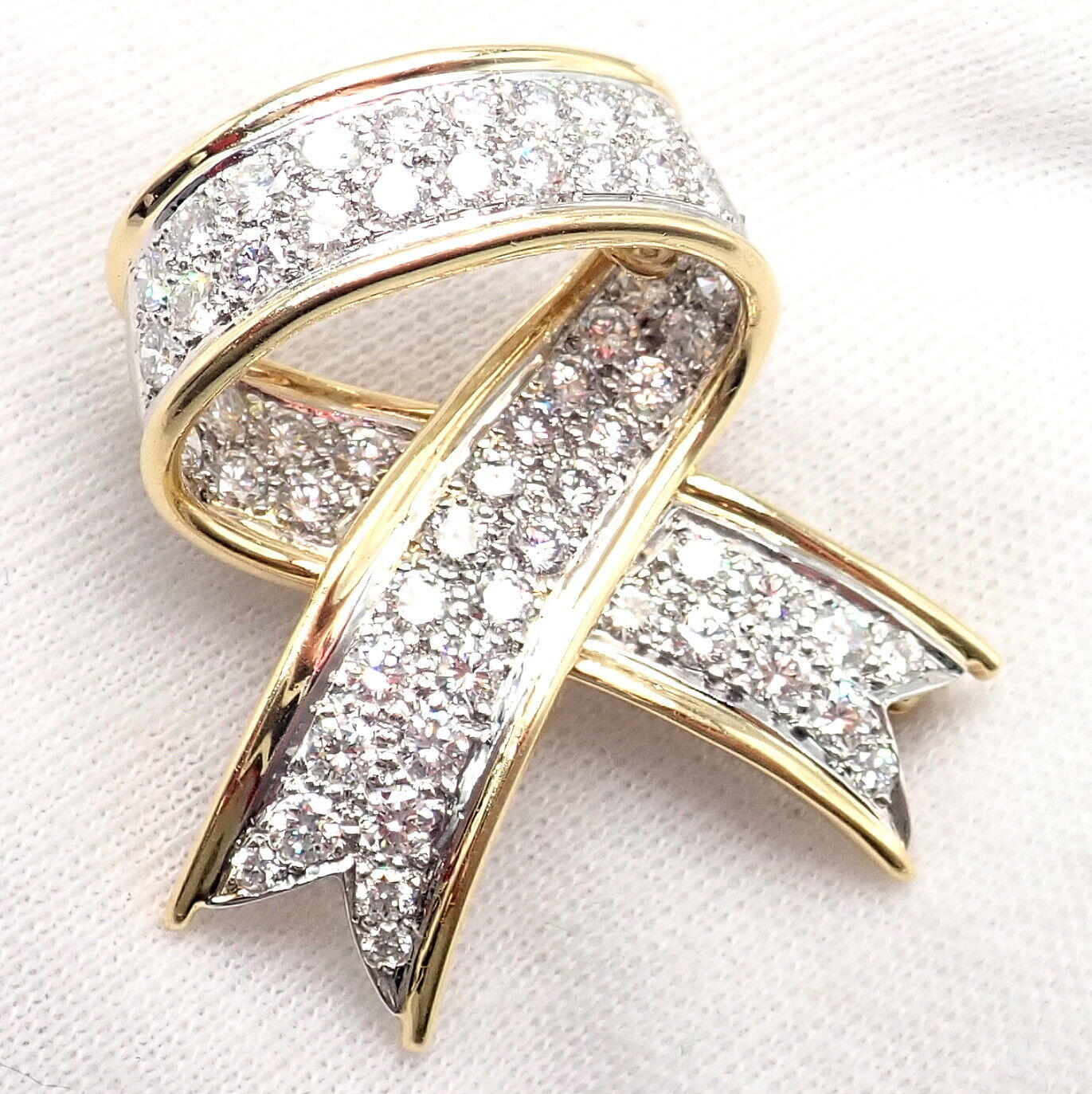 Vintage Tiffany & Co 18k Yellow Gold Platinum Diamond Ribbon Bow Pin Brooch - Elegant Jewelry for Women, Perfect for Weddings, Parties & Special Occasions