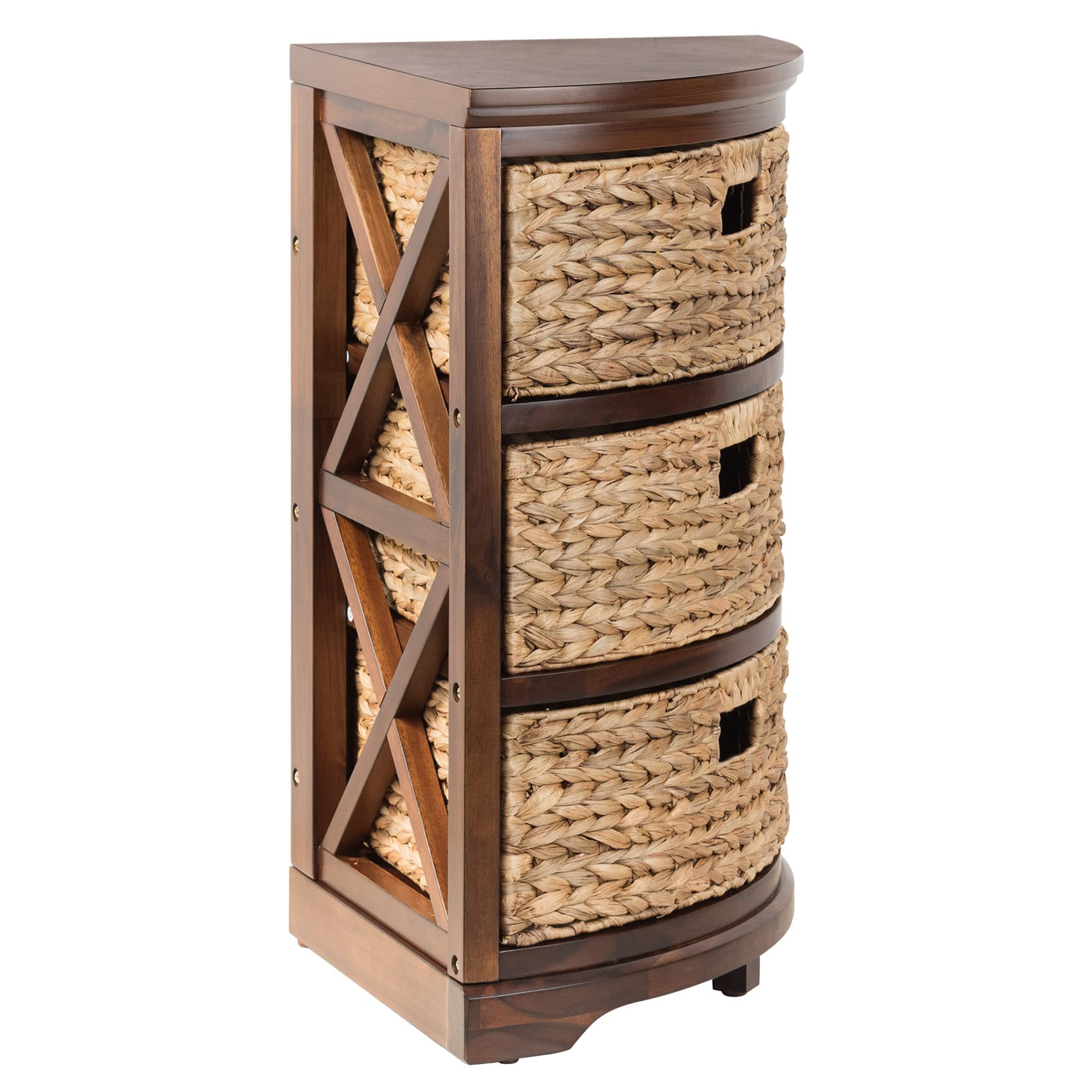 3-Tier Corner Storage Cabinet with Wicker Baskets - Hampton Meadows Walnut X-Side Table for Living Room, Bedroom & Entryway Organization