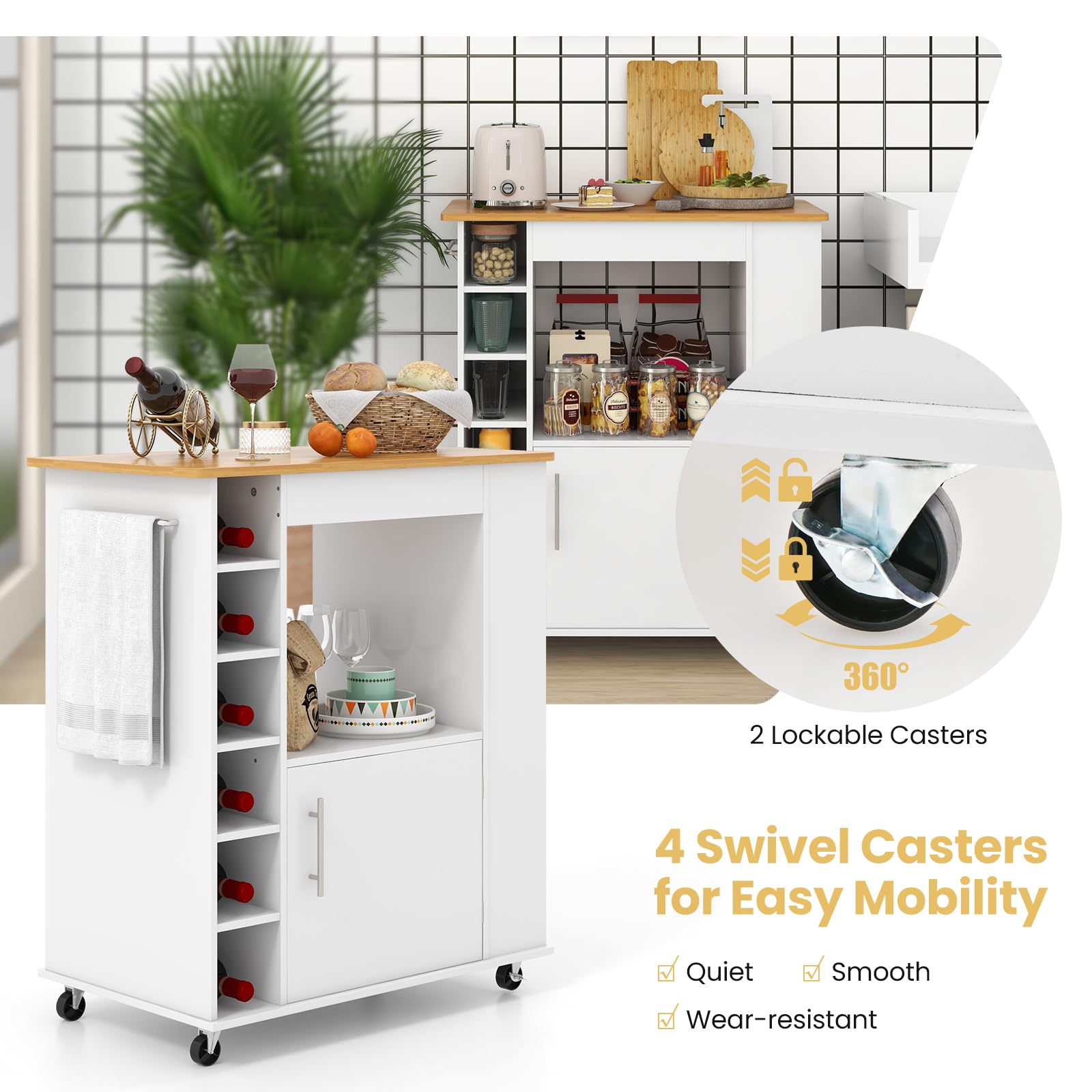 Giantex Mobile Kitchen Island Cart with Storage Cabinet, Bamboo Top & Wheels - 6-Bottle Wine Rack, 3-Tier Spice Rack, Towel Holder - White Rolling Microwave Stand for Small Spaces, Dining Room, Coffee Bar & Apartment Cooking