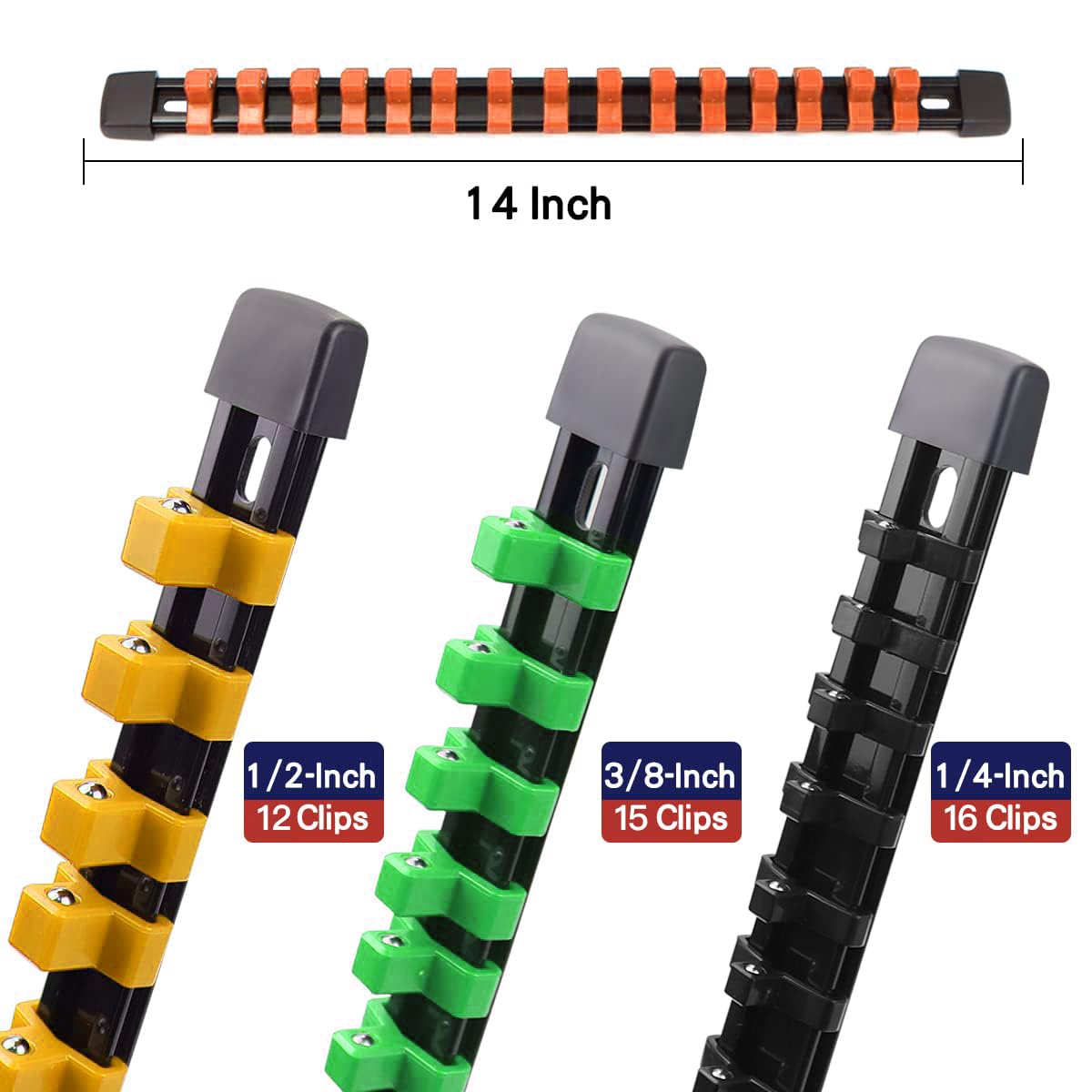 1/2-Inch, 3/8-Inch, 1/4-Inch Drive Socket Rail Holders - Yellow, Orange, Green for Tool Organization & Automotive Repair