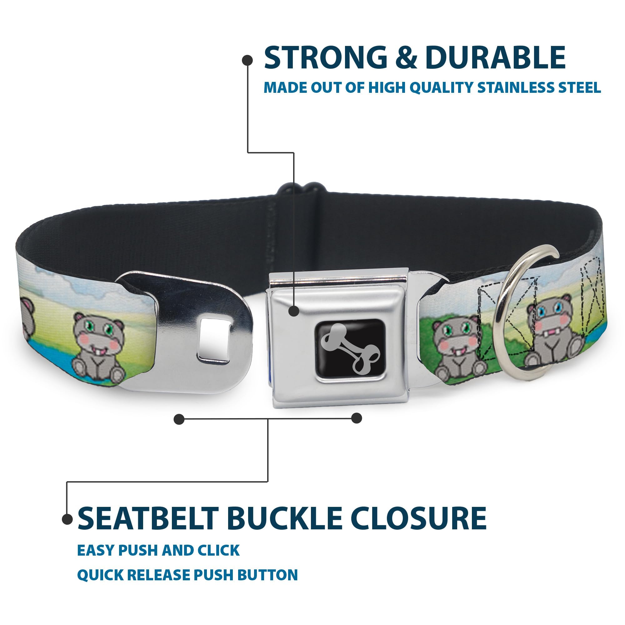 Buckle-Down Adjustable Hippo Cartoon Dog Collar with Bone Pattern - Small (9-15 inch) - Perfect for Small Dogs, Puppies & Pet Fashion Accessories