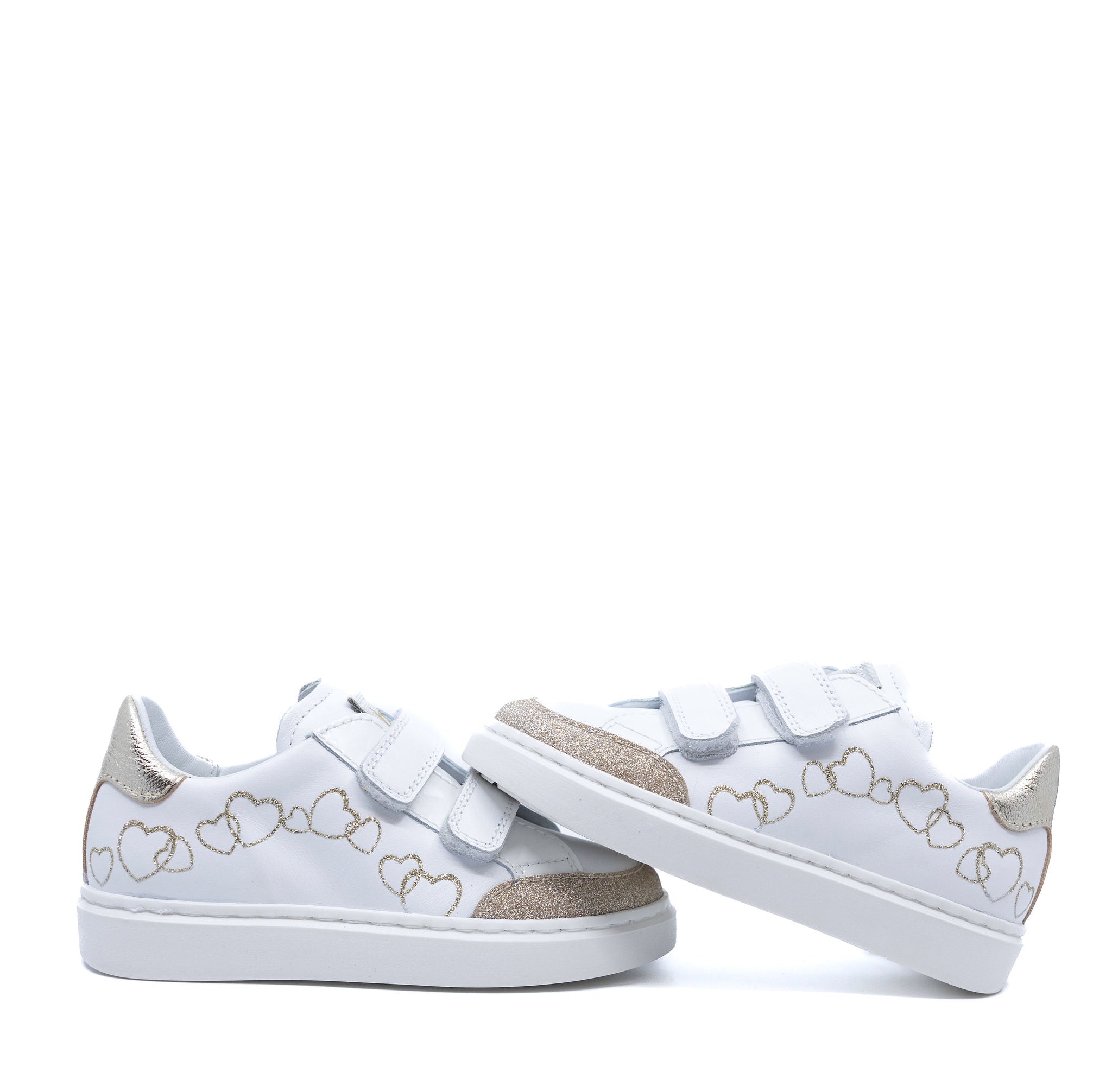 Beberlis White and Gold Heart Velcro Sneakers for Women - Comfortable Casual Shoes for Walking, Running, and Everyday Wear