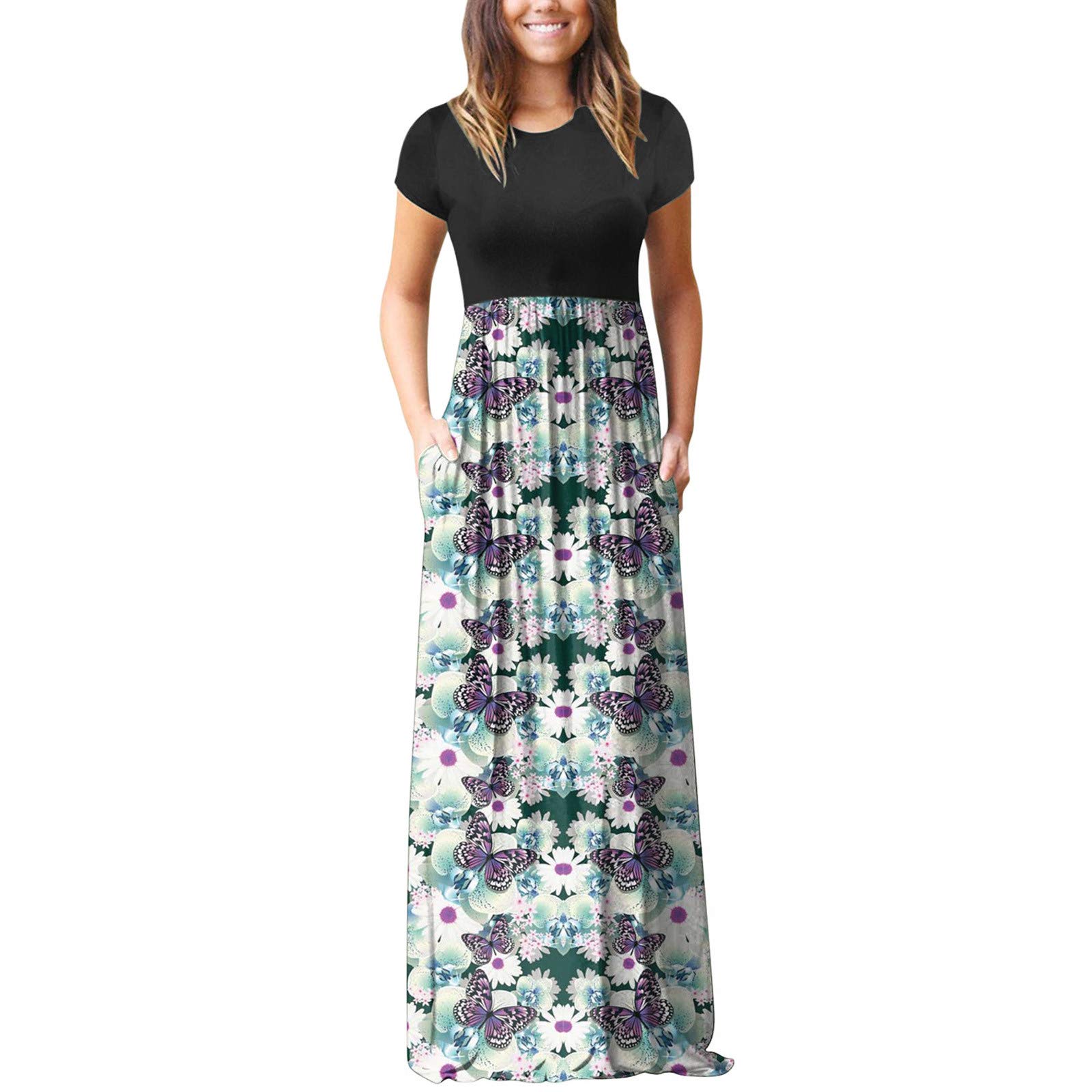 Kaideny Women's Short Sleeve Maxi Dress - Floral Striped Print Empire Waist Casual Long Dress for Summer, Beach, Vacation & Everyday Wear