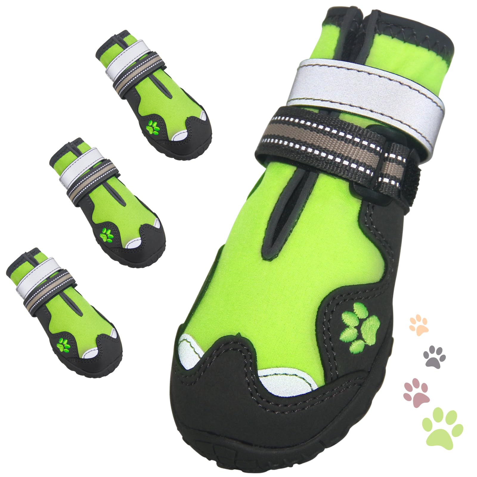 FISHOAKY Anti-Slip Dog Boots for Large Dogs - Waterproof Paw Protectors for Winter Snow & Hot Summer Pavement - 4 Pack Green Dog Shoes Size 8 - Perfect for Hiking, Walking & Outdoor Adventures