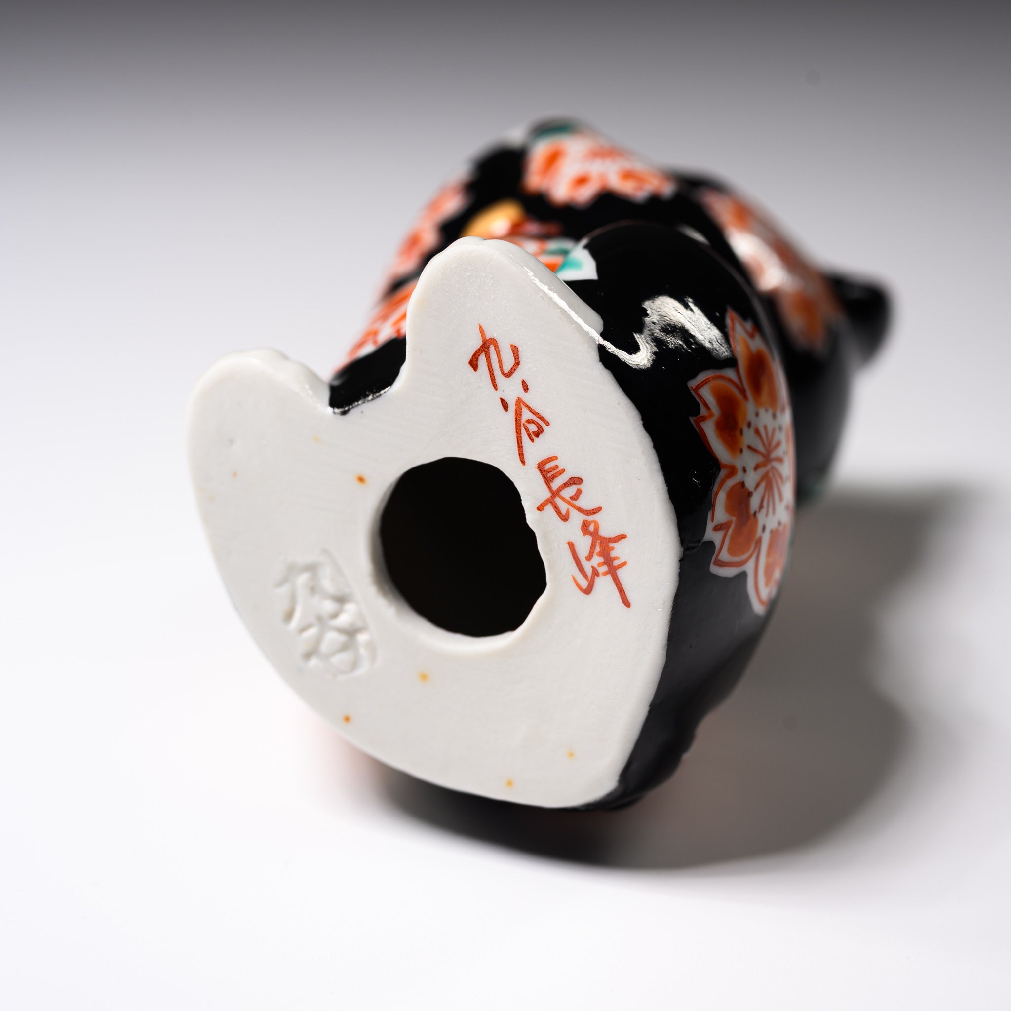 Kutani Ware Black Beckoning Cat Ume - Japanese Lucky Cat Figurine for Home Decor & Office Feng Shui