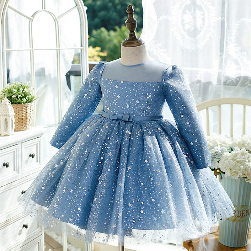 Royal Blue Organza Flower Girl Dress with Princess Round Neckline & Tea-Length Skirt – Perfect for Weddings, Birthday Parties & Special Occasions