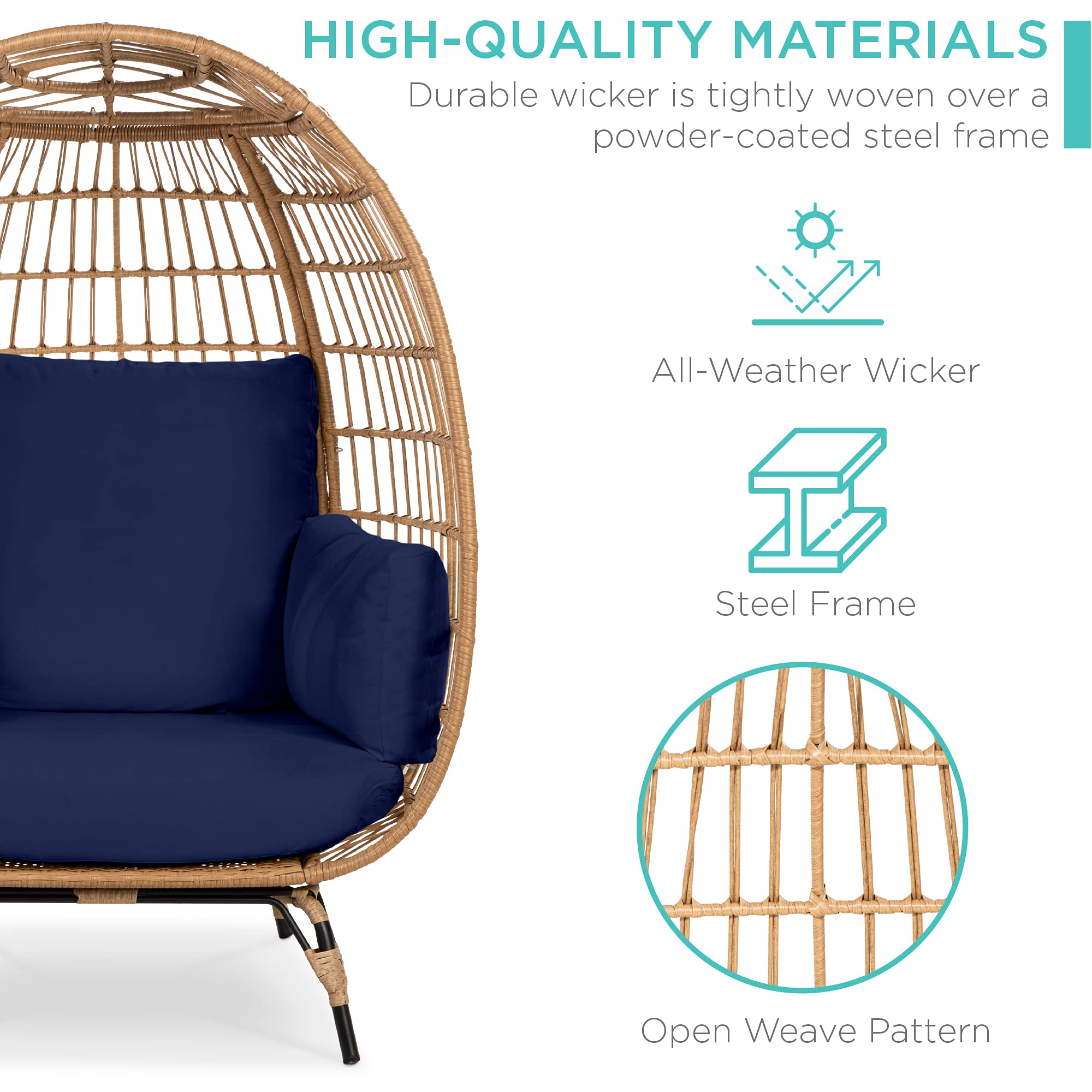 Best Choice Products Oversized Wicker Egg Chair - Indoor/Outdoor Hanging Lounger with 4 Cushions & Steel Frame (440lb Capacity) - Navy Blue - Perfect for Patio, Backyard, Living Room, and Relaxation Spaces